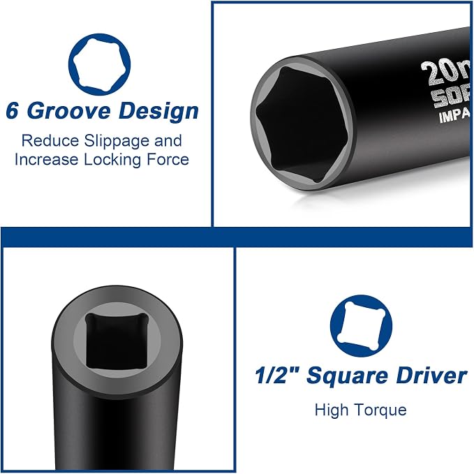 Impact Socket Set 1/2” Drive, SORAKO16 PCS SAE Deep Socket Set (3/8-Inch to 1-1/14") Include 5” Extension Bar & 10” L Handle, Cr-V Steel 6 Point Standard Impact Socket with Portable Case