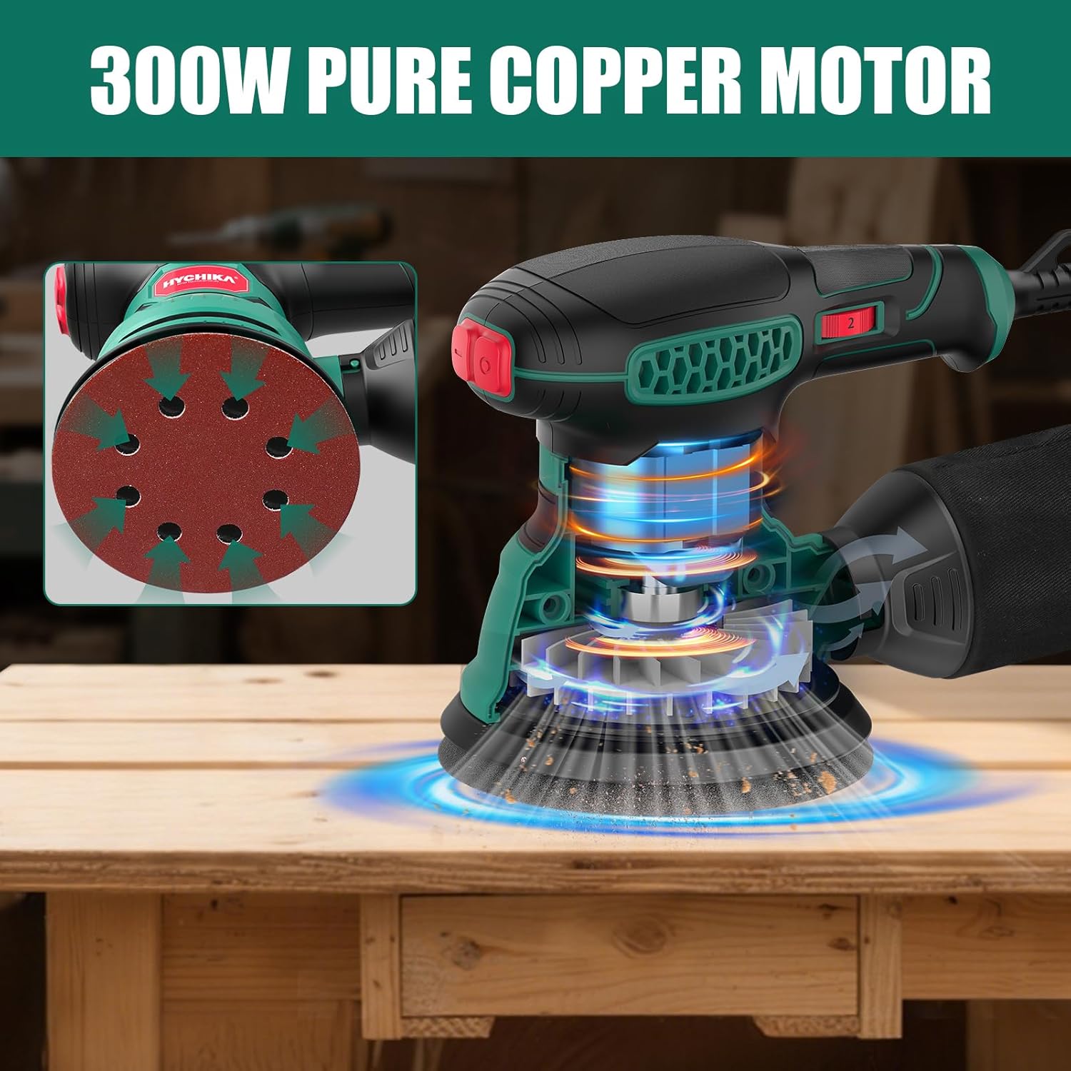 HYCHIKA Random Orbital Sander, 300W 12000OPM Orbital Sander, 6 Variable Speeds,16 Sanding Discs(125mm)