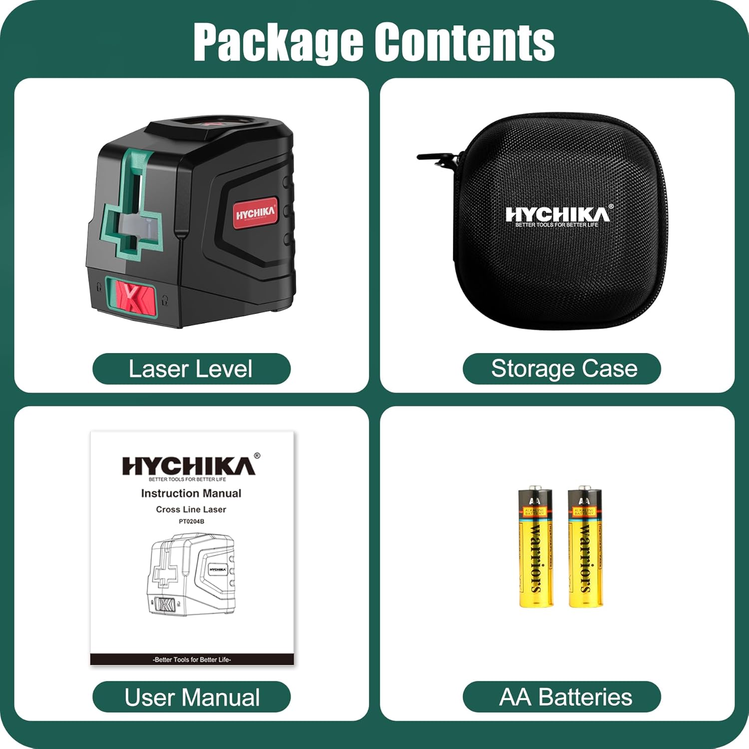 HYCHIKA Laser Level 15 M, Horizontal and Vertical Cross Line Laser, Green Laser Spirit Level 3 Levels of Brightness Adjustment