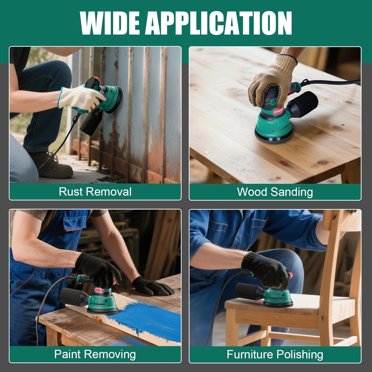 HYCHIKA Random Orbital Sander, 300W 12000OPM Orbital Sander, 6 Variable Speeds,16 Sanding Discs(125mm)