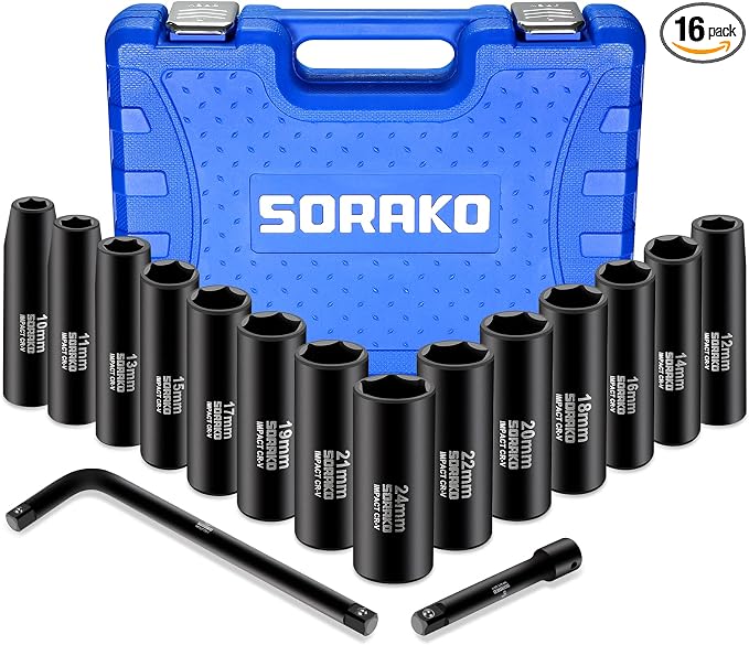Impact Socket Set 1/2” Drive, SORAKO16 PCS SAE Deep Socket Set (3/8-Inch to 1-1/14") Include 5” Extension Bar & 10” L Handle, Cr-V Steel 6 Point Standard Impact Socket with Portable Case