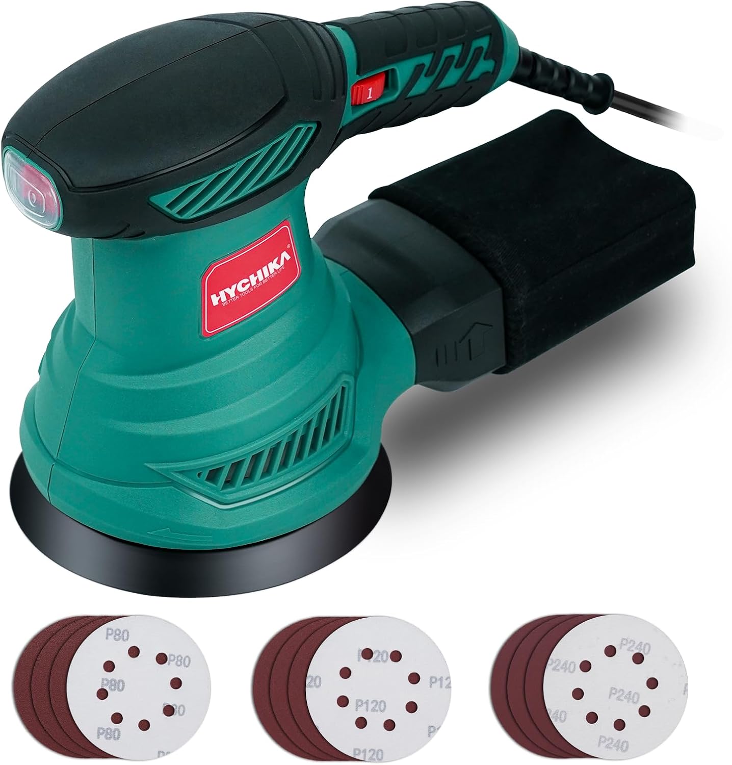 HYCHIKA Random Orbital Sander 125 mm, 300 W Disc Sander with 6 Speeds (6000-13000 OPM), Sanding Machine for Wood with 12 Sanding Discs, Low Noise and Low Vibration