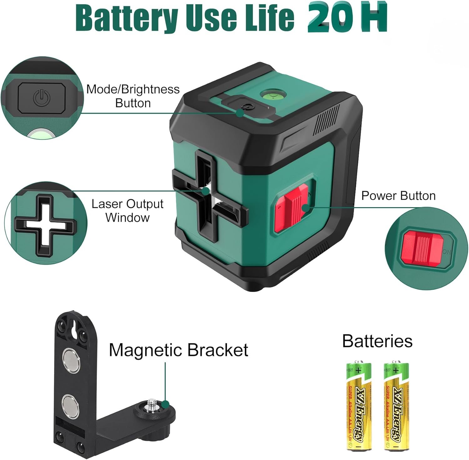 HYCHIKA Laser Level 15 M, Horizontal and Vertical Cross Line Laser, Green Laser Spirit Level 3 Levels of Brightness Adjustment