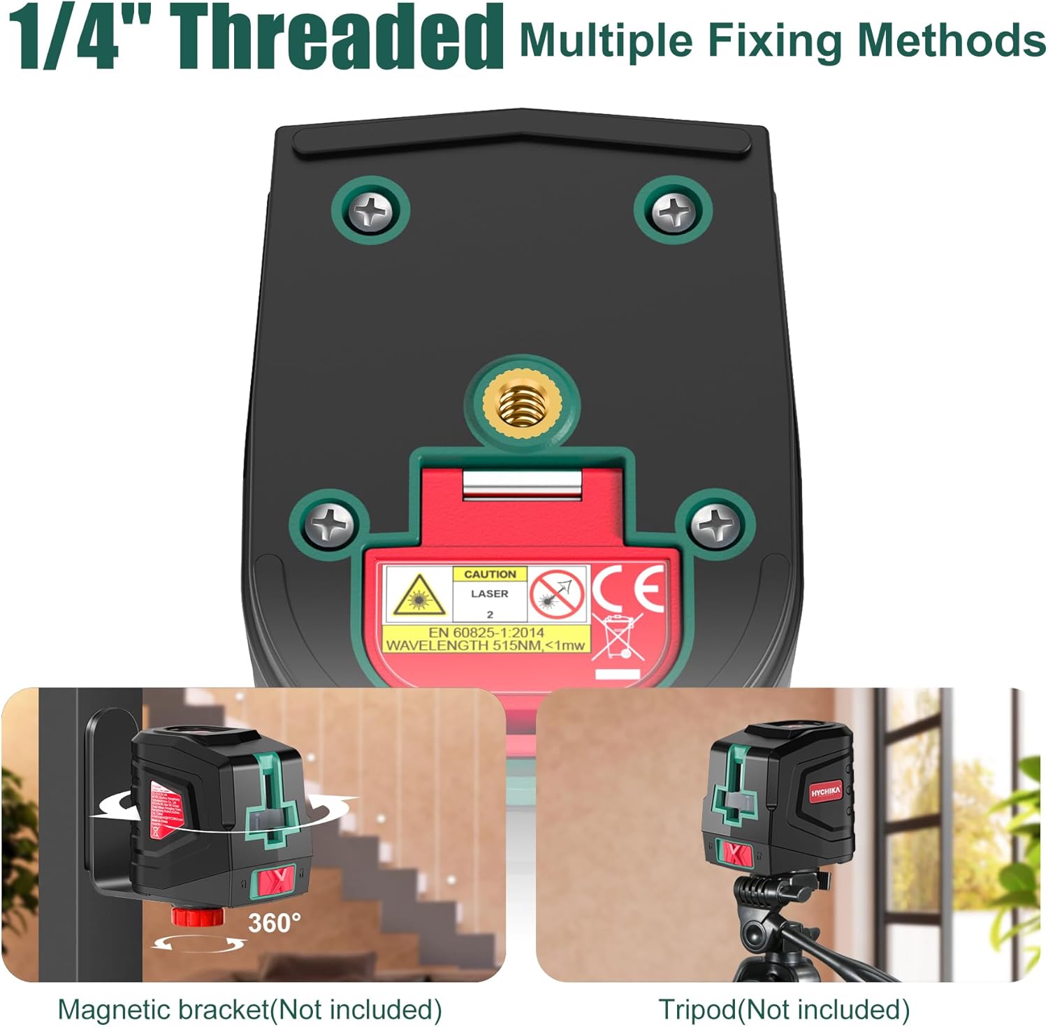 HYCHIKA Laser Level 15 M, Horizontal and Vertical Cross Line Laser, Green Laser Spirit Level 3 Levels of Brightness Adjustment