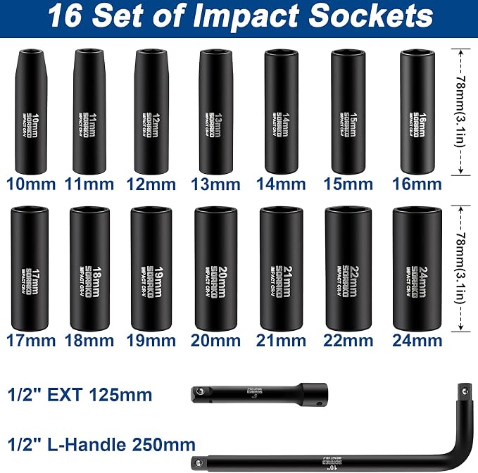 Impact Socket Set 1/2” Drive, SORAKO16 PCS SAE Deep Socket Set (3/8-Inch to 1-1/14") Include 5” Extension Bar & 10” L Handle, Cr-V Steel 6 Point Standard Impact Socket with Portable Case