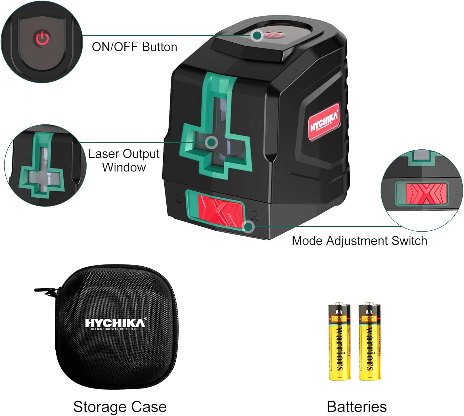 HYCHIKA Laser Level 15 M, Horizontal and Vertical Cross Line Laser, Green Laser Spirit Level 3 Levels of Brightness Adjustment