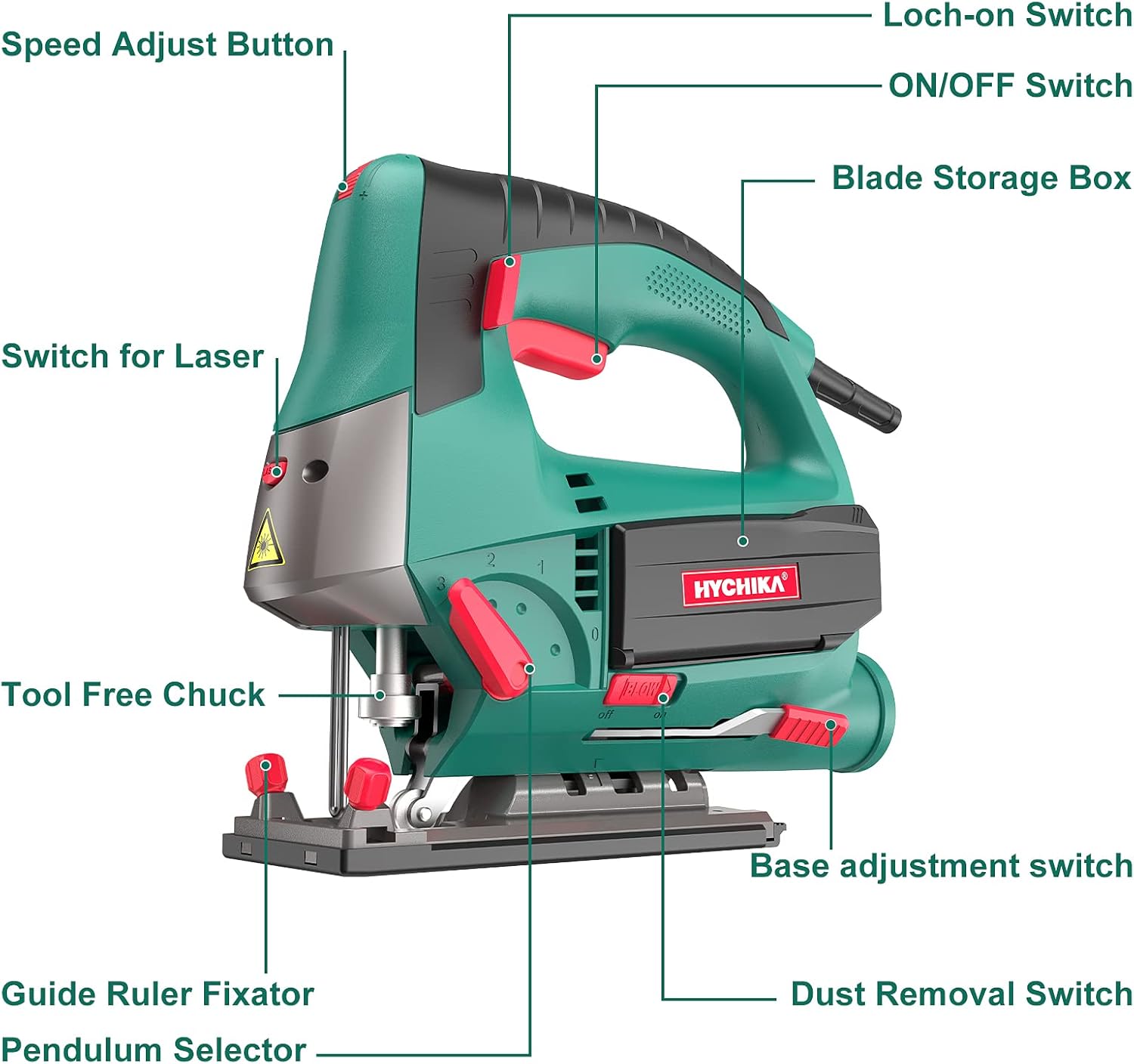 Scie sauteuse électrique filaire HYCHIKA 800 W, 6 A, 800-3000 SPM, biseau ±45° 230 V EU / 120 V US