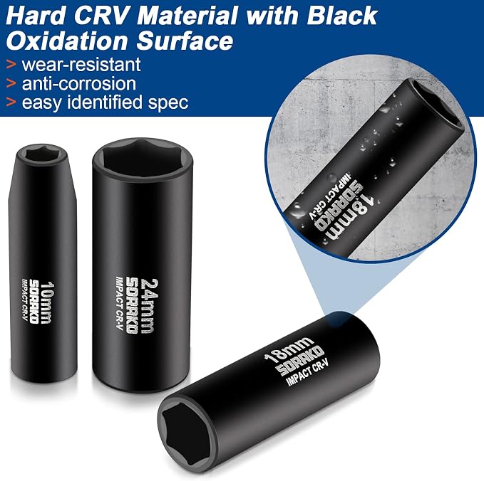 Impact Socket Set 1/2” Drive, SORAKO16 PCS SAE Deep Socket Set (3/8-Inch to 1-1/14") Include 5” Extension Bar & 10” L Handle, Cr-V Steel 6 Point Standard Impact Socket with Portable Case