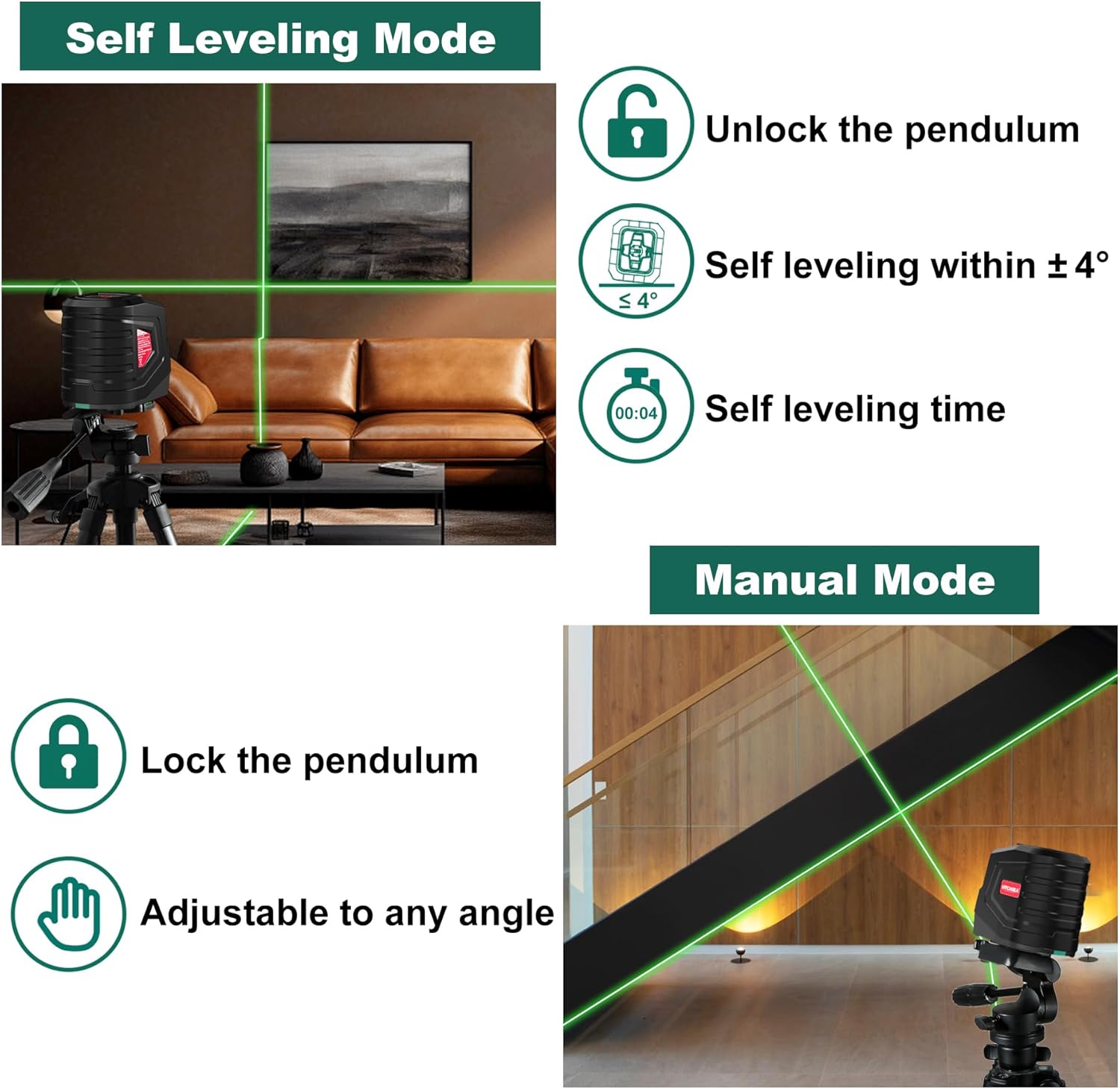 HYCHIKA Laser Level 15 M, Horizontal and Vertical Cross Line Laser, Green Laser Spirit Level 3 Levels of Brightness Adjustment