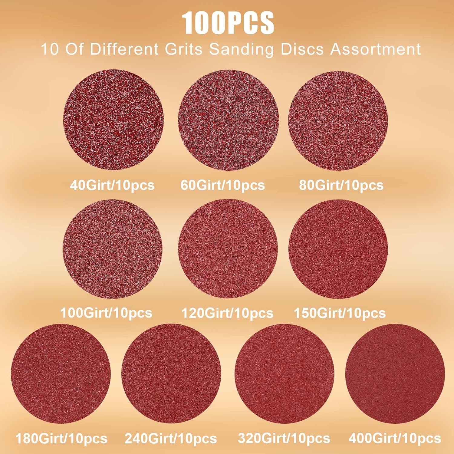 HYCHIKA 100-piece Sanding Discs Set,5 Inch 8 Holes Hook and Loop Sandpaper for Orbital Sander