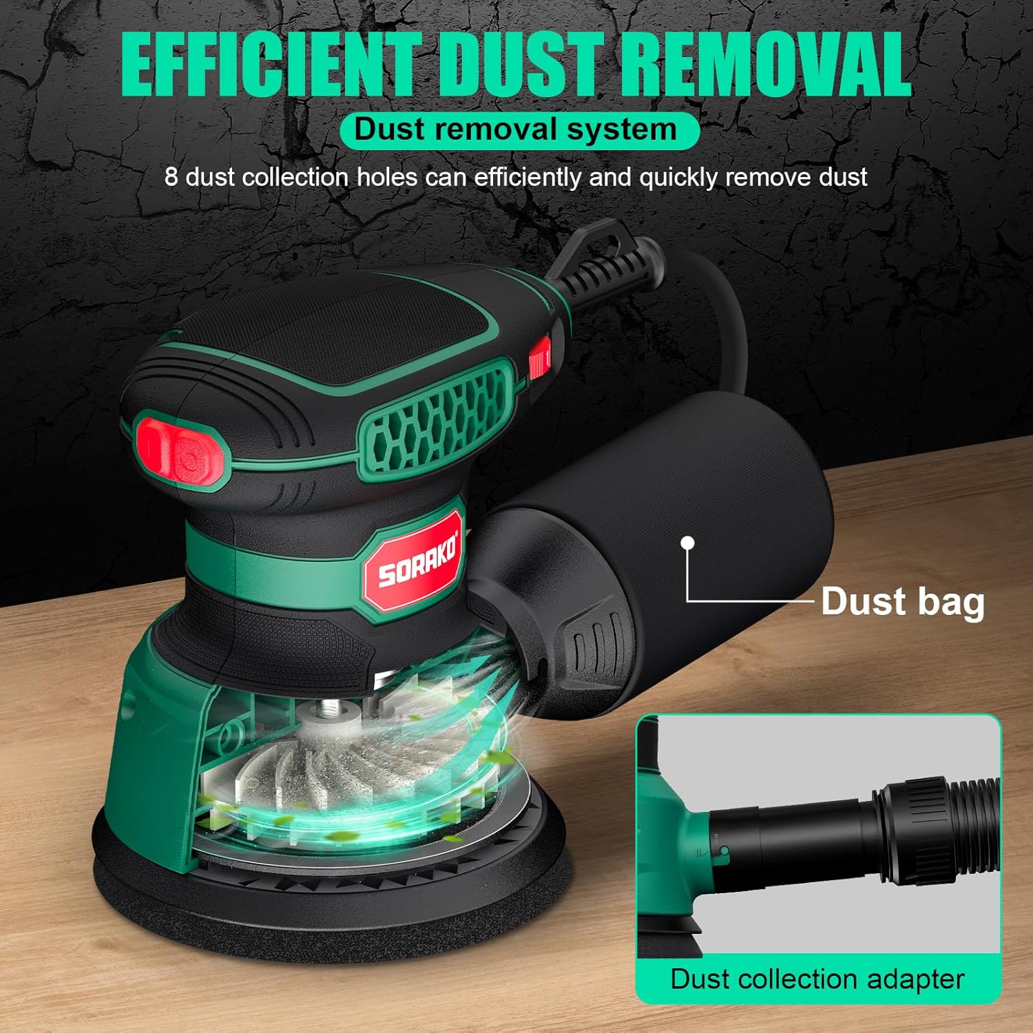 Sorako Orbital Sander 350W, 125MM Random Orbital Sander, 6 Adjustable Speeds, 16pcs Sandpaper, with Dust Collection and Quick Brake Function, for Sanding, Polishing Wood, DIY, Home Improvement