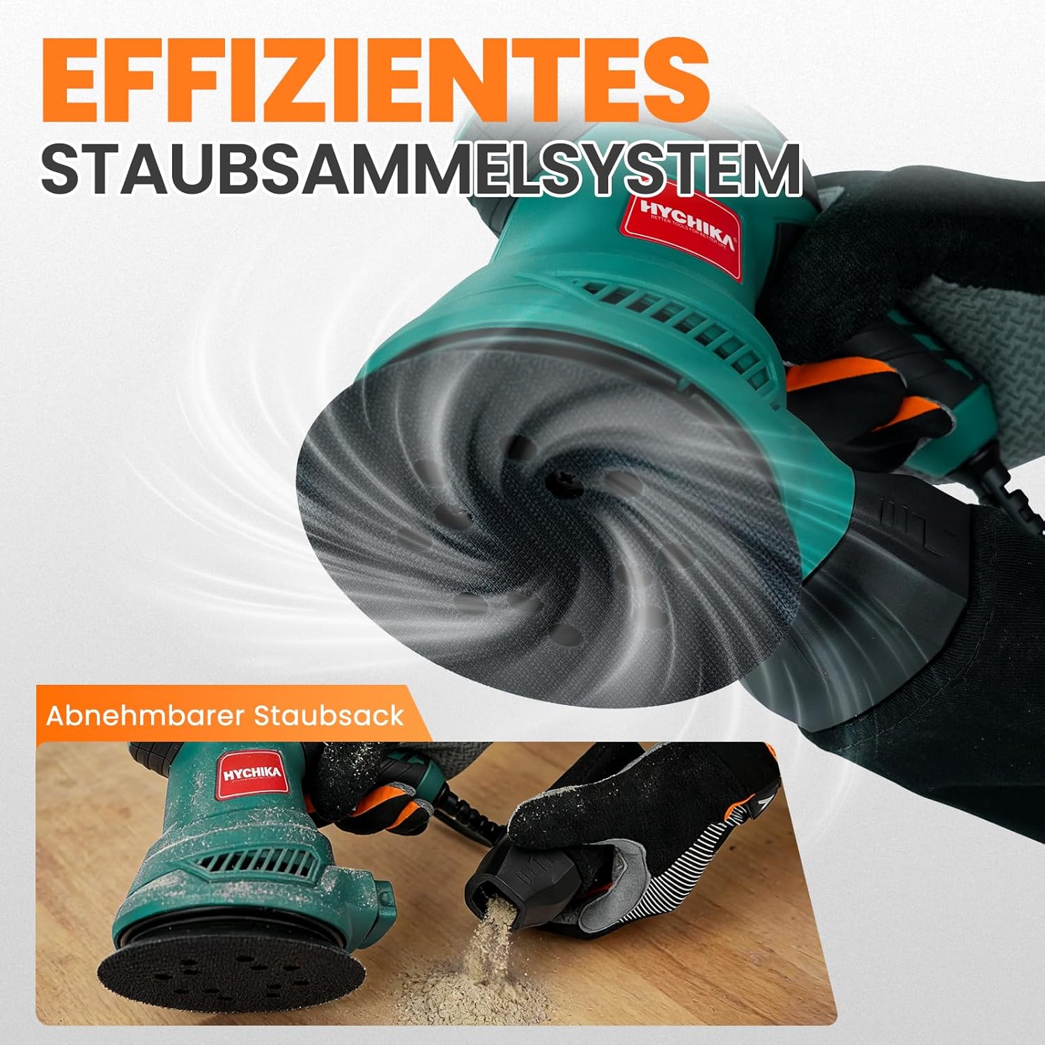 HYCHIKA Random Orbital Sander 125 mm, 300 W Disc Sander with 6 Speeds (6000-13000 OPM), Sanding Machine for Wood with 12 Sanding Discs, Low Noise and Low Vibration