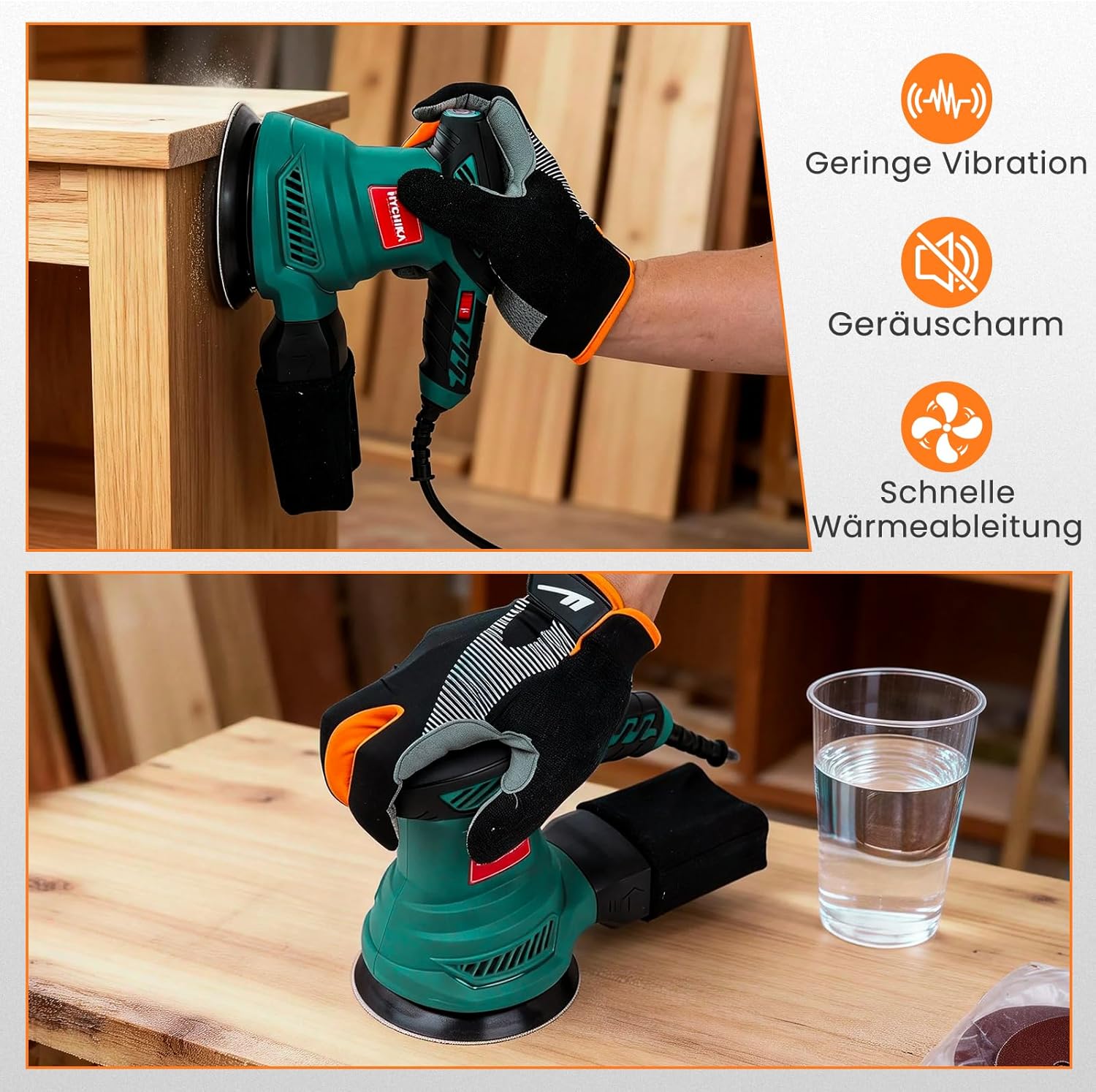 HYCHIKA Random Orbital Sander 125 mm, 300 W Disc Sander with 6 Speeds (6000-13000 OPM), Sanding Machine for Wood with 12 Sanding Discs, Low Noise and Low Vibration