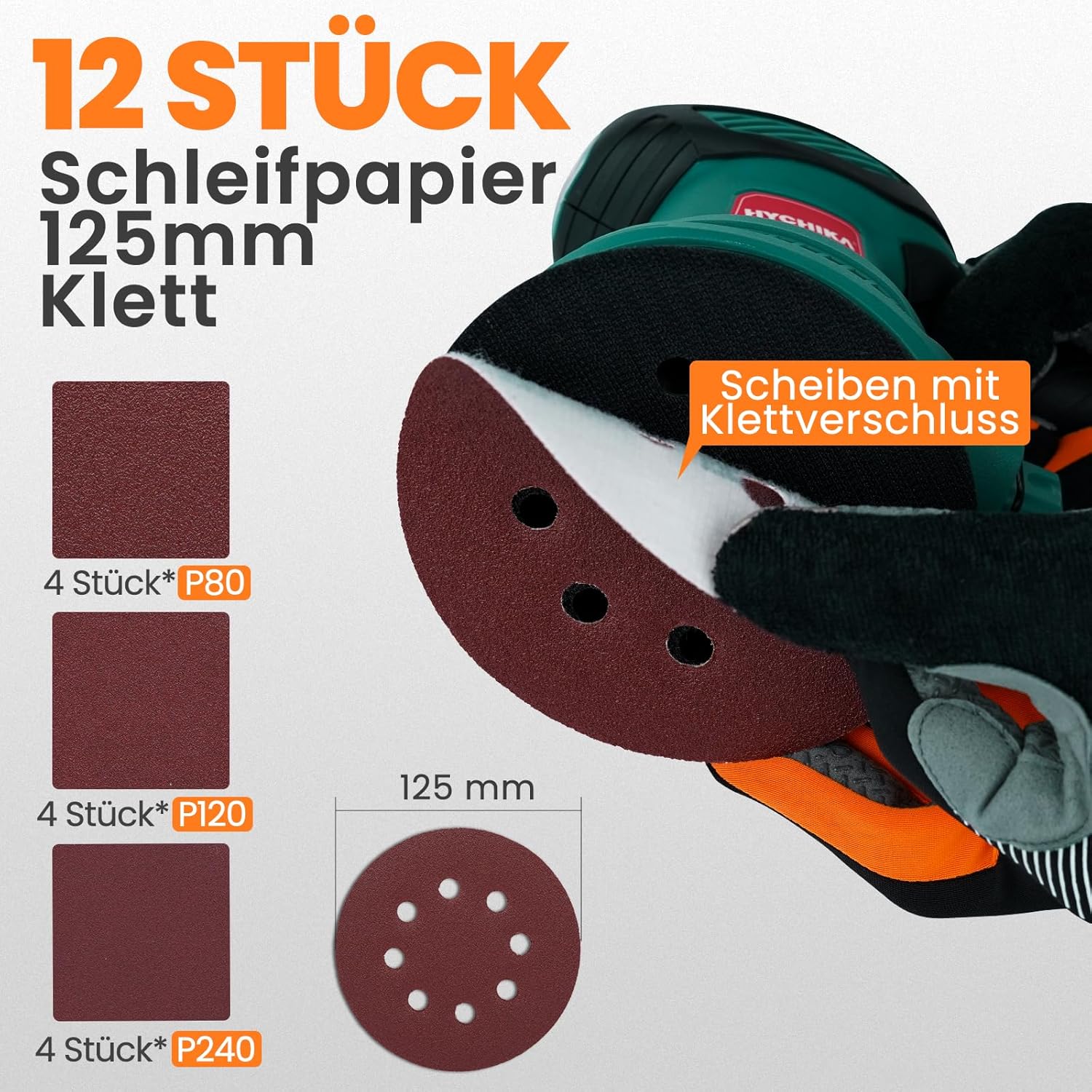 HYCHIKA Random Orbital Sander 125 mm, 300 W Disc Sander with 6 Speeds (6000-13000 OPM), Sanding Machine for Wood with 12 Sanding Discs, Low Noise and Low Vibration