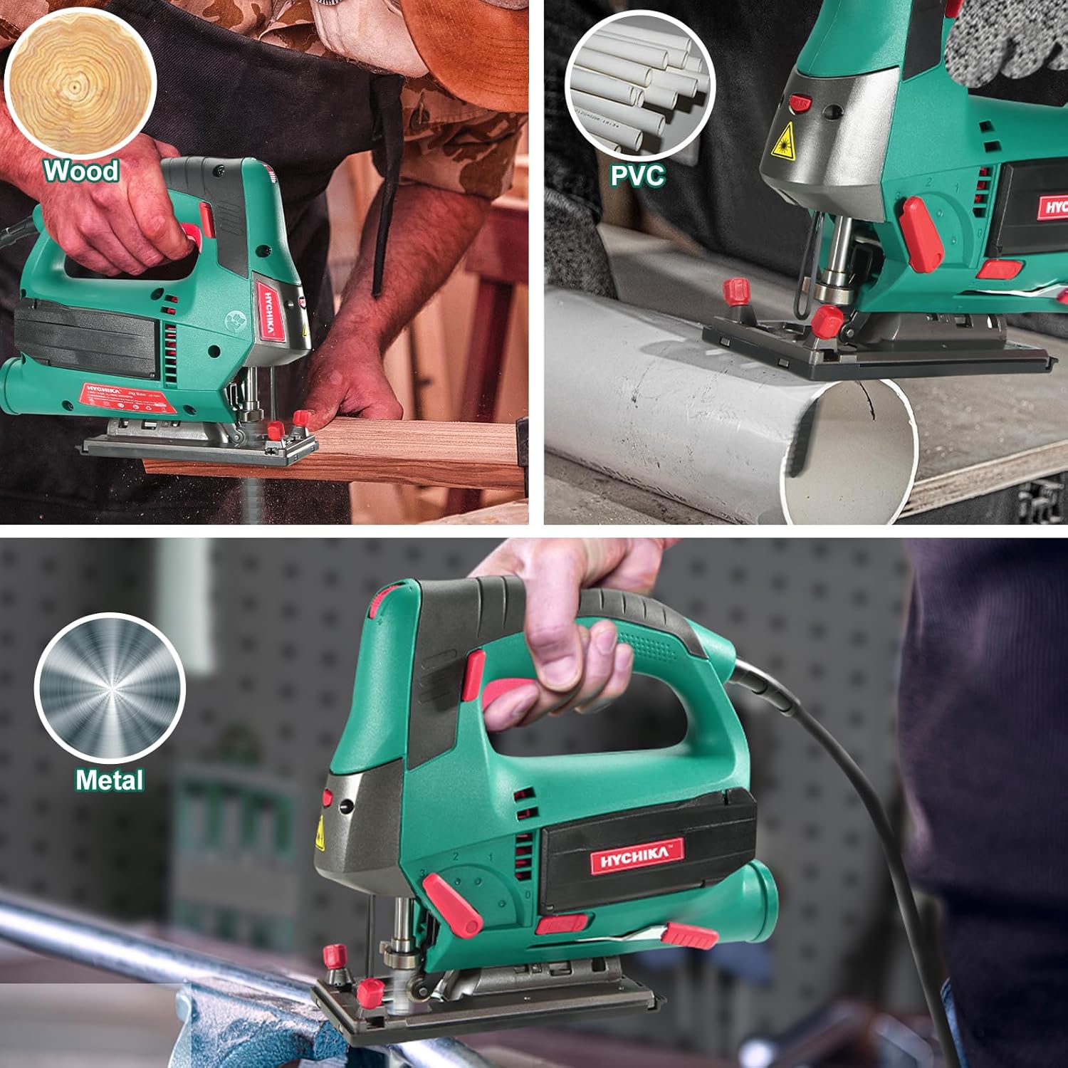 Scie sauteuse électrique filaire HYCHIKA 800 W, 6 A, 800-3000 SPM, biseau ±45° 230 V EU / 120 V US