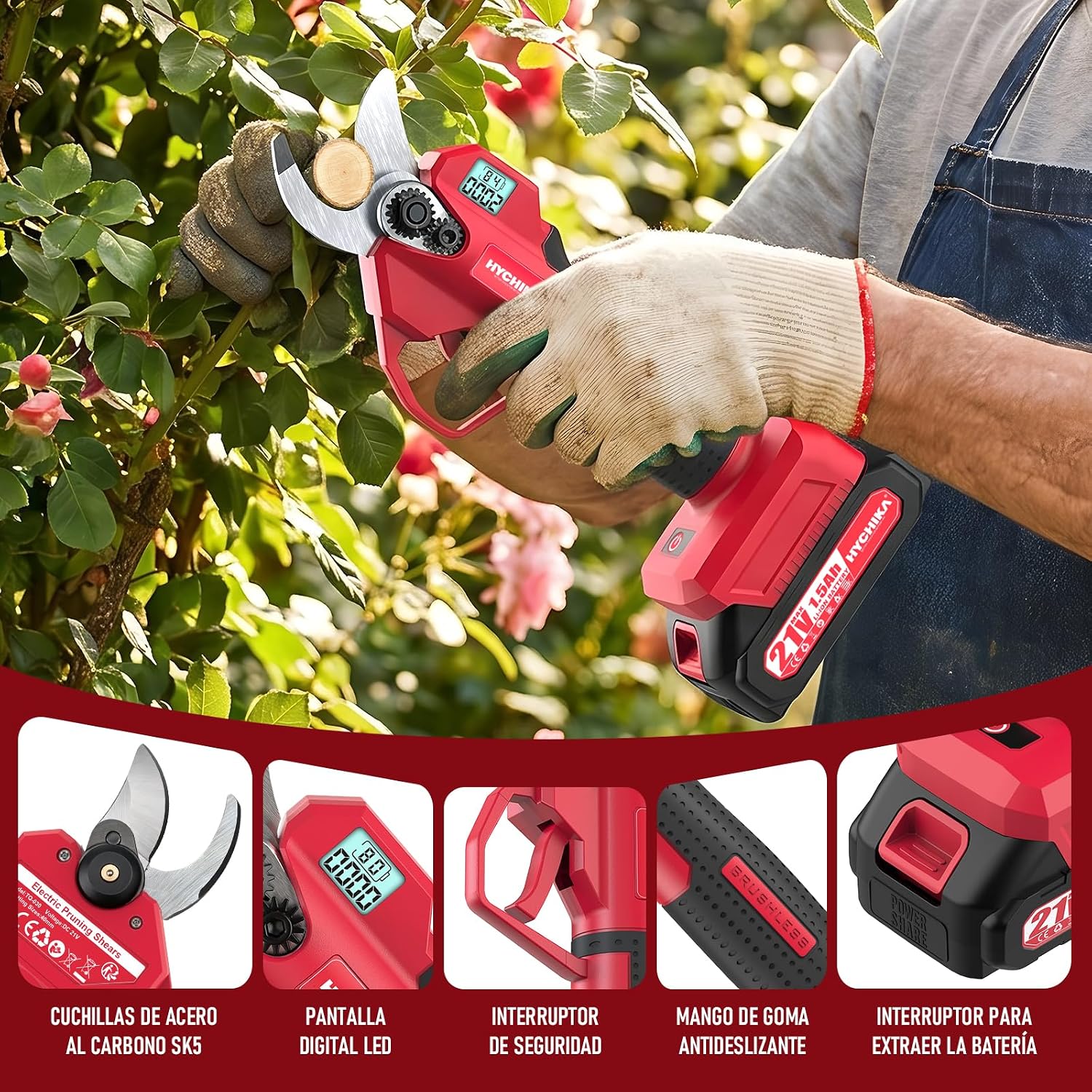HYCHIKA Electric Pruning Shears 21V with SK5 Blades and LCD Display