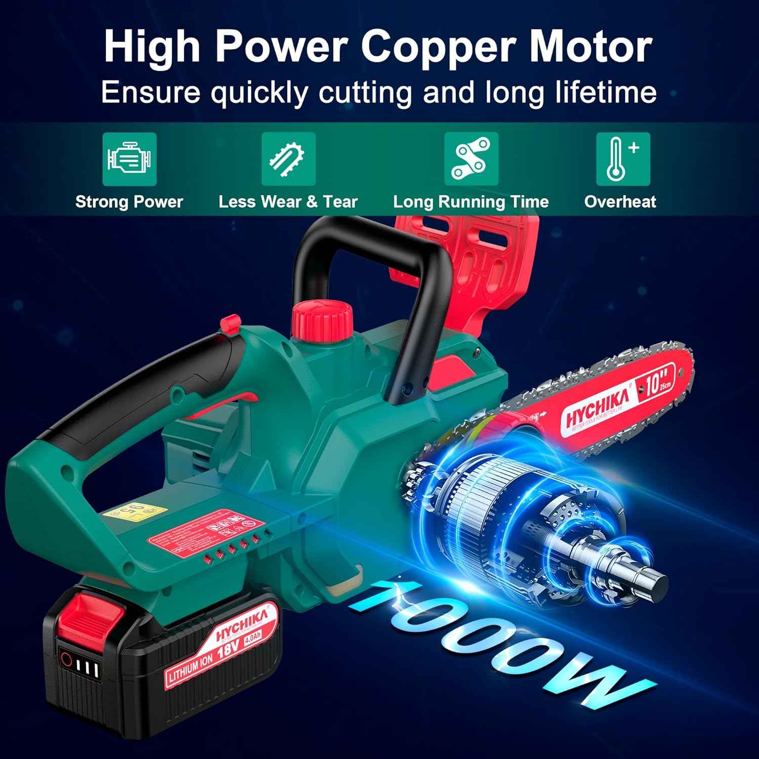 Cordless Electric Chainsaw with 10" Chain and 18V, 4000mAh Battery and Charger