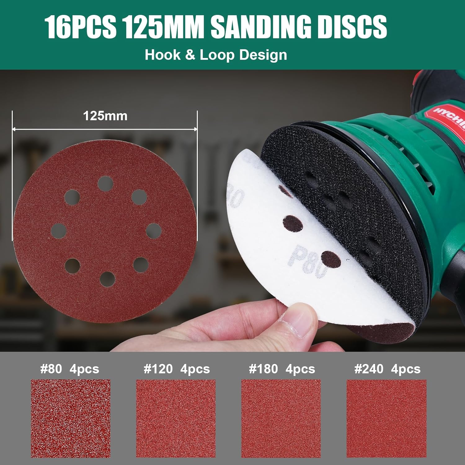 HYCHIKA Random Orbital Sander, 300W 12000OPM Orbital Sander, 6 Variable Speeds,16 Sanding Discs(125mm), with Dust Collection and Quick Braking Functionality, for Sanding and Polishing Wood