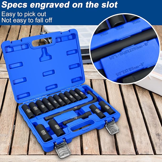 Impact Socket Set 1/2” Drive, SORAKO16 PCS SAE Deep Socket Set (3/8-Inch to 1-1/14") Include 5” Extension Bar & 10” L Handle, Cr-V Steel 6 Point Standard Impact Socket with Portable Case