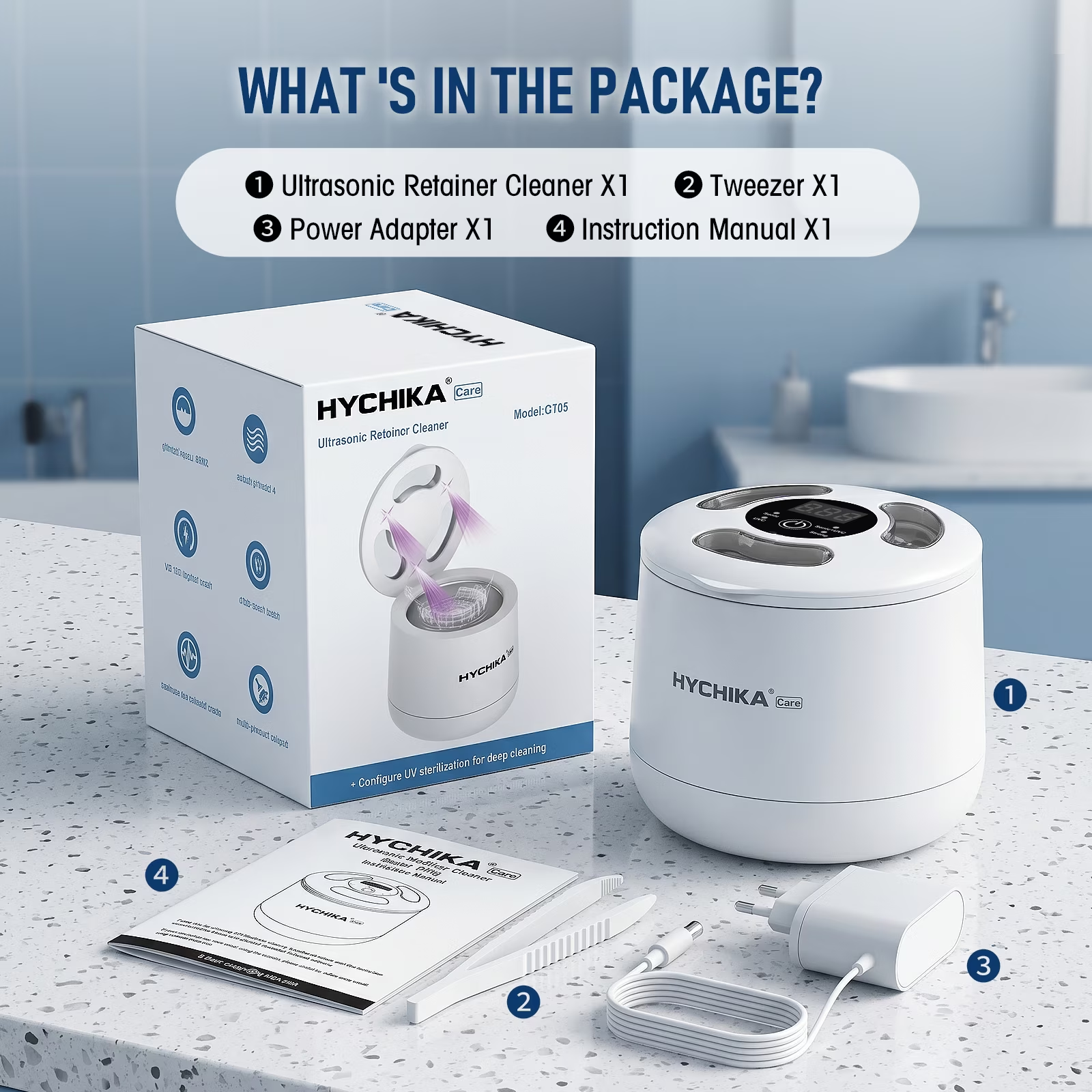 HYCHIKA Ultrasonic Retainer Cleaner Machine with UV, 4 Modes, 45kHz, for Retainers, Night Guards, Dentures, 200 mL, 1-Count