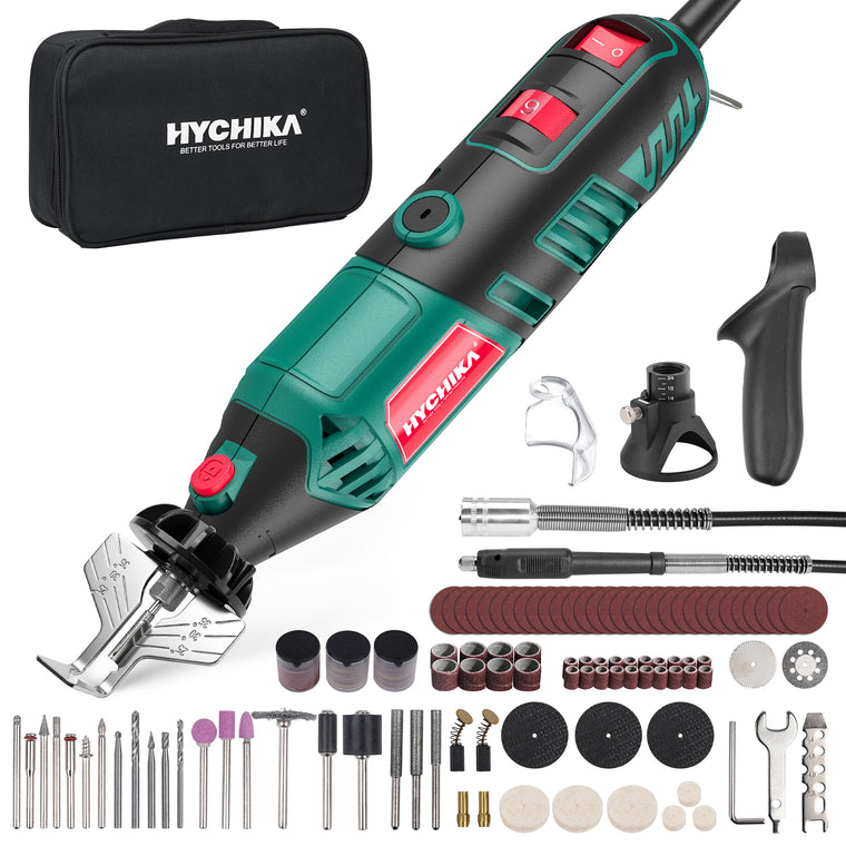 HYCHIKA 179-Piece Corded Rotary Tool Kit with Flex Shaft & Grinding Chain Bracket, 1.5-Amp Variable Speed 8000-35000 RPM, for DIY, Wood Carving, Metal Engraving and Polishing