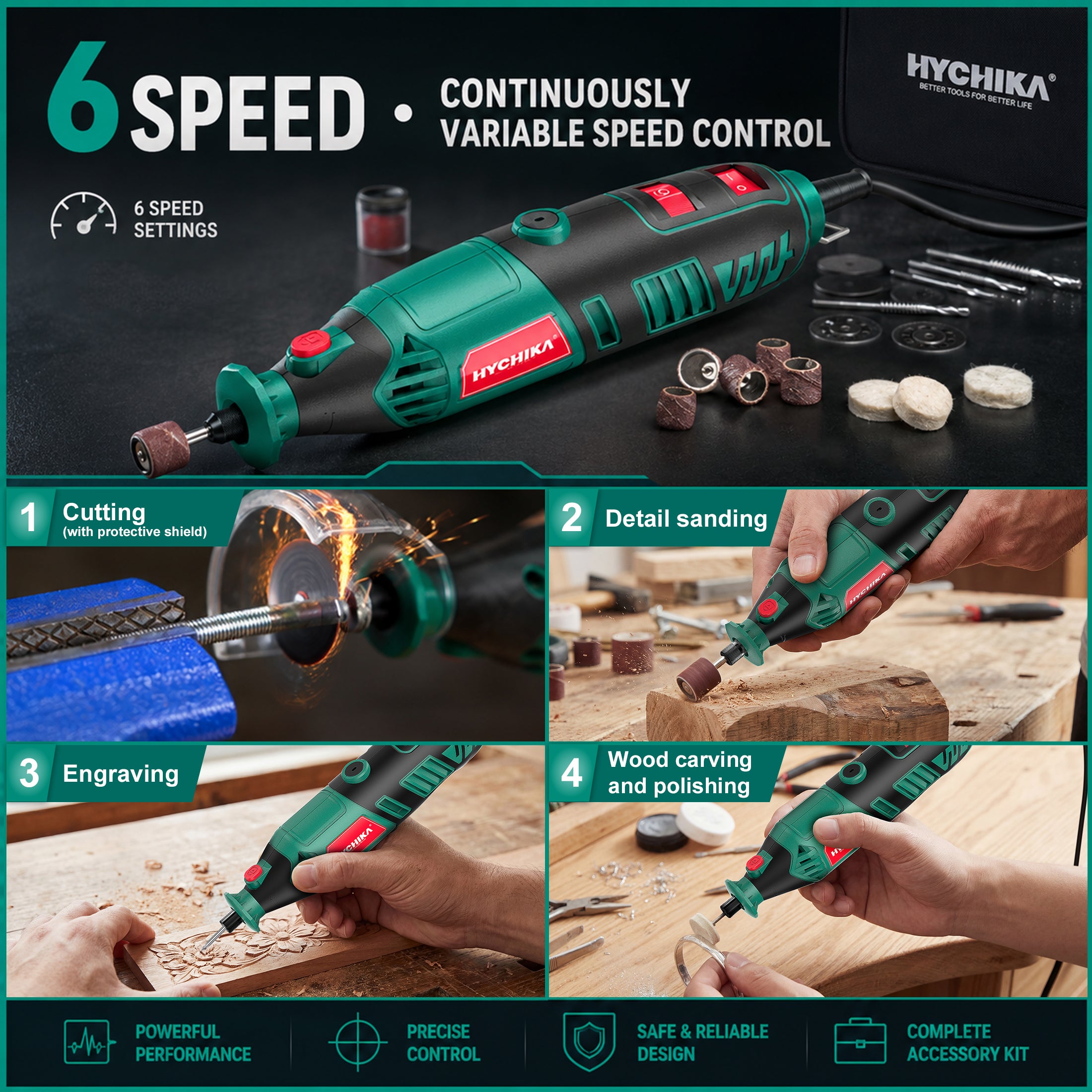 HYCHIKA 179-Piece Corded Rotary Tool Kit with Flex Shaft & Grinding Chain Bracket, 1.5-Amp Variable Speed 8000-35000 RPM, for DIY, Wood Carving, Metal Engraving and Polishing