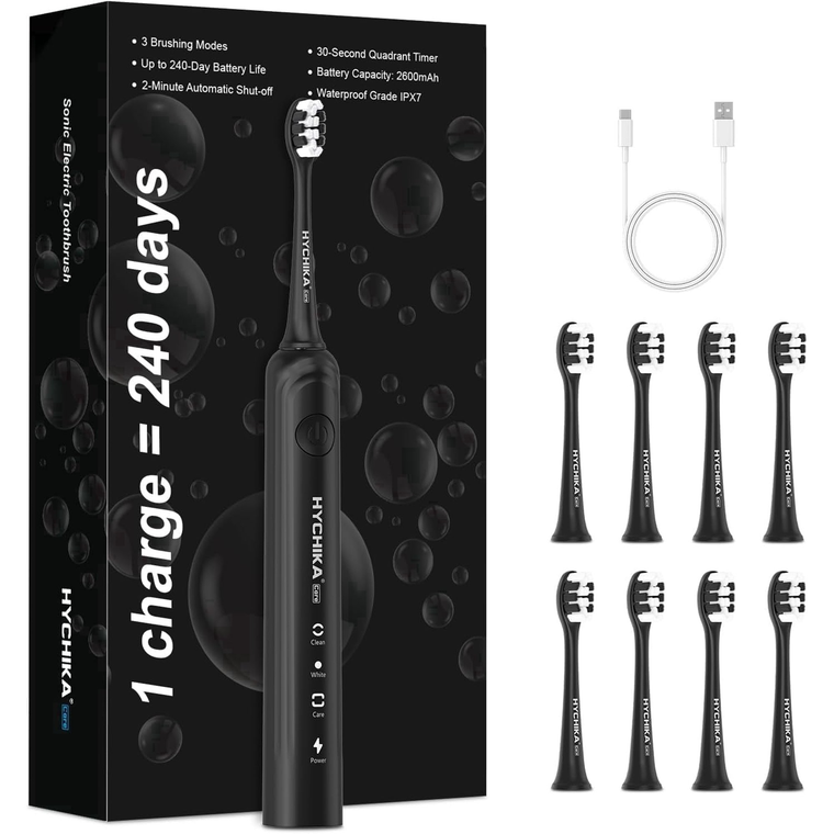 240 Days Battery Life Rechargeable Electric Toothbrush for Adults,with 2500mAH Large Capacity, 8 Pack Replacement Brushheads,3 Classic Modes,2 Min Smart Timer Battery Toothbrush,Black