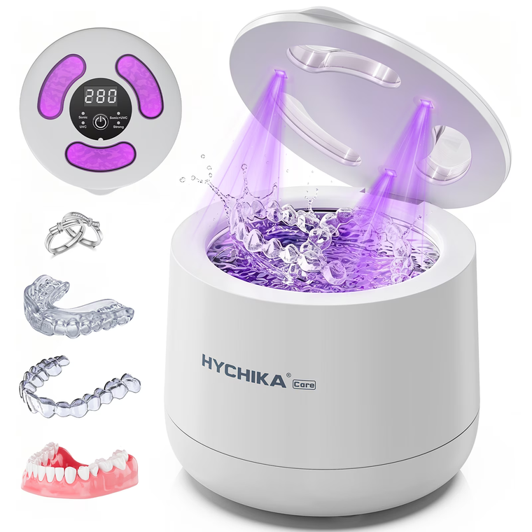 HYCHIKA Ultrasonic Retainer Cleaner Machine with UV, 4 Modes, 45kHz, for Retainers, Night Guards, Dentures, 200 mL, 1-Count