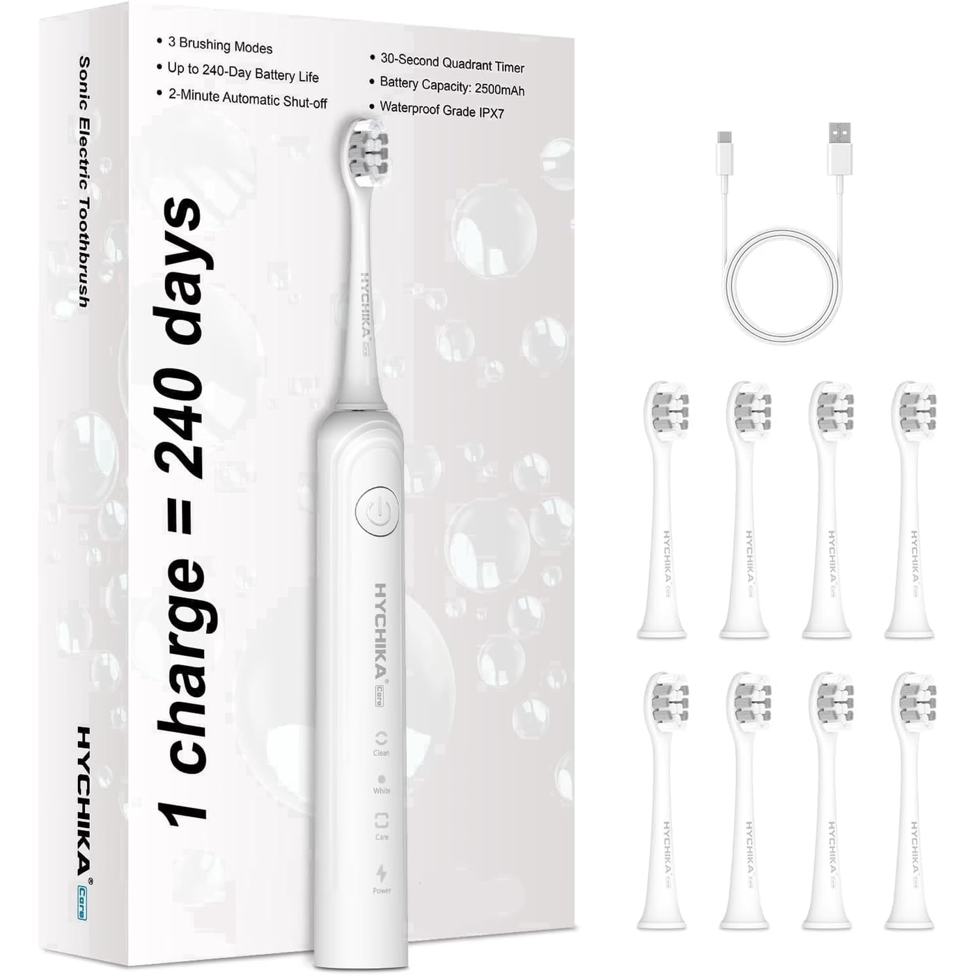 240 Days Battery Life Rechargeable Electric Toothbrush for Adults,with 2500mAH Large Capacity, 8 Pack Replacement Brushheads,3 Classic Modes,2 Min Smart Timer Battery Toothbrush,White