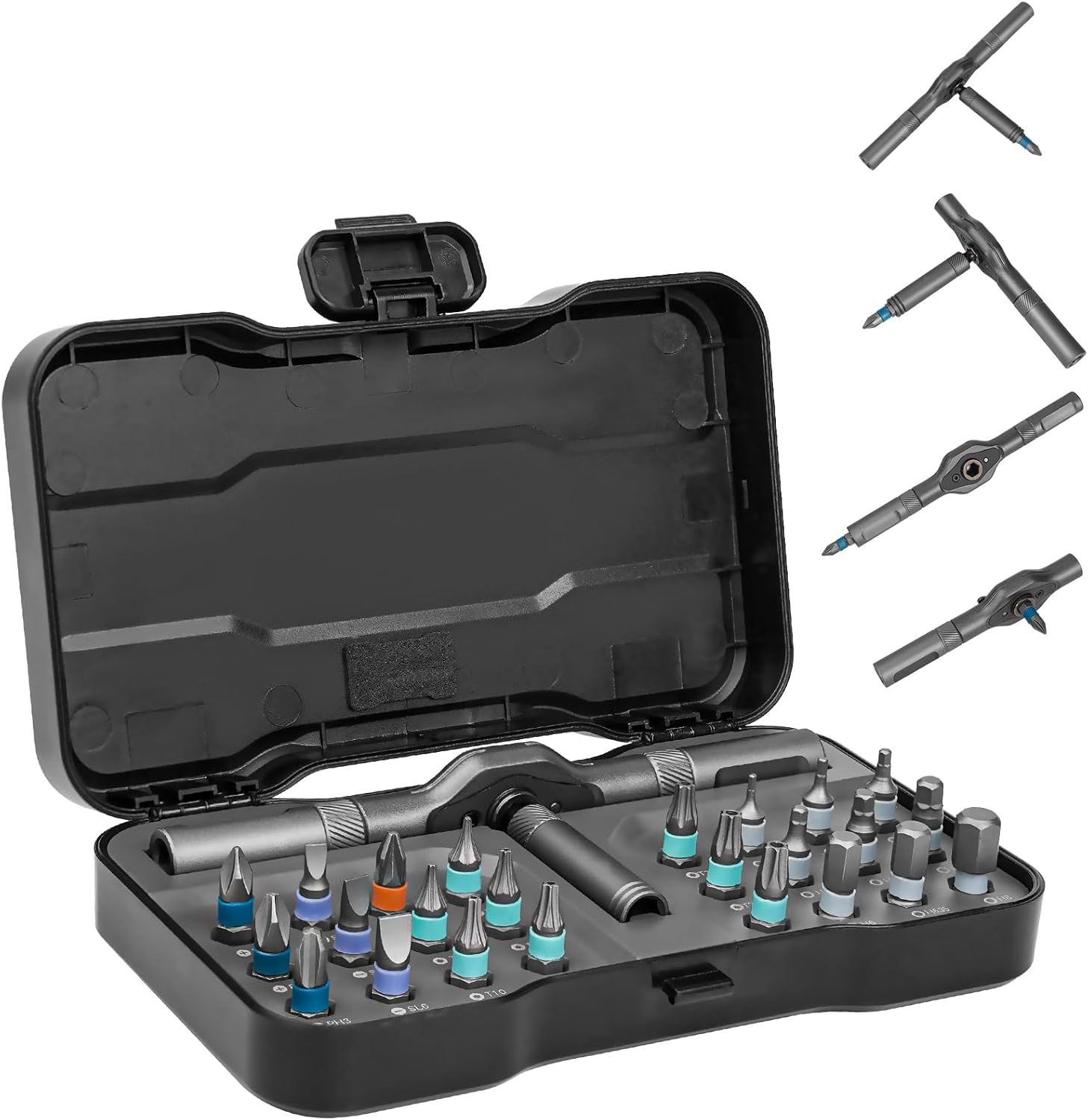 HYCHIKA 24 in 1 Ratchet Screwdriver Set - Mini Reversible Handle High Torque Ratchet Wrench Tight Quarter Right Angle Offset Screwdriver Bit Set