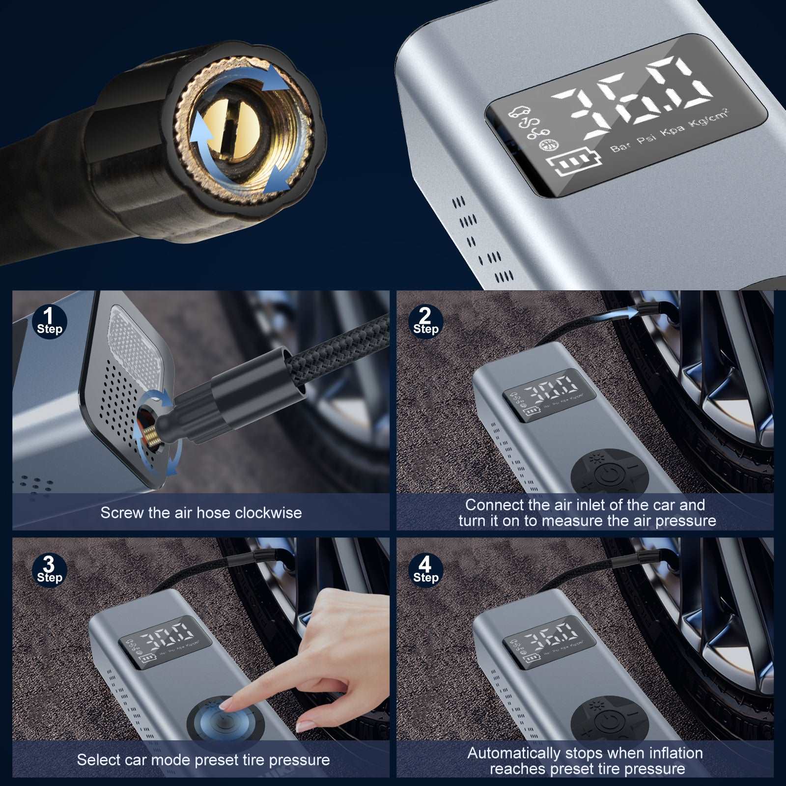 Cordless Air Compressor 12V, Portable Tyre Inflator 150PS(UK/EU)