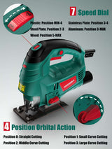 HYCHIKA Corded Electric Jigsaw 750W with Laser and 6 Blades, 800-3000SPM(UK/EU)