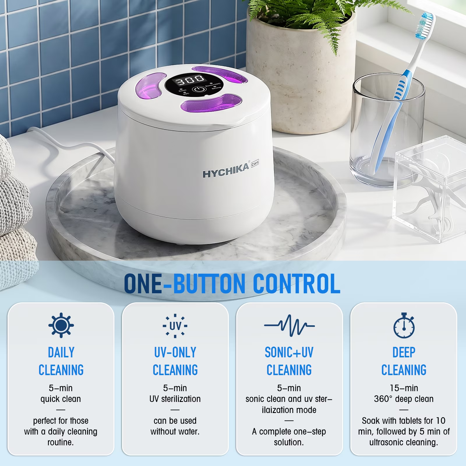 HYCHIKA Ultrasonic Retainer Cleaner Machine with UV, 4 Modes, 45kHz, for Retainers, Night Guards, Dentures, 200 mL, 1-Count