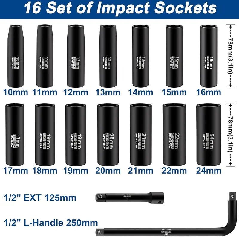 SORAKO 16-Piece 1/2” Drive Metric Deep Impact Socket Set (10-24 mm) – 6-Point Cr-V Steel Tool Kit Set with Extension Bar, L Handle, Anti-Rust Surface, Portable Case for Mechanics’ Work Tools