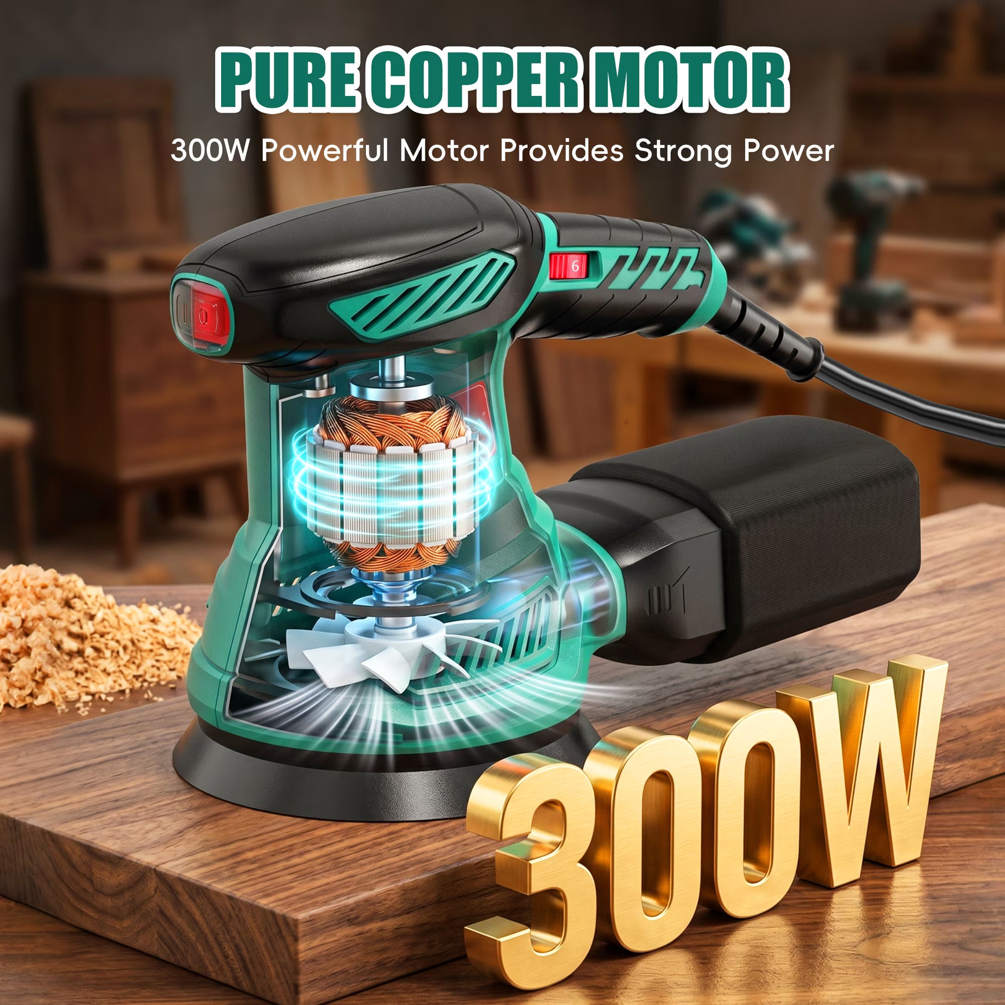 HYCHIKA 5-inch Random Orbital Sander, 13000 RPM 6-Speed with 12 Sandpapers & High Performance Dust Collection System for Wood Finishing and Polishing