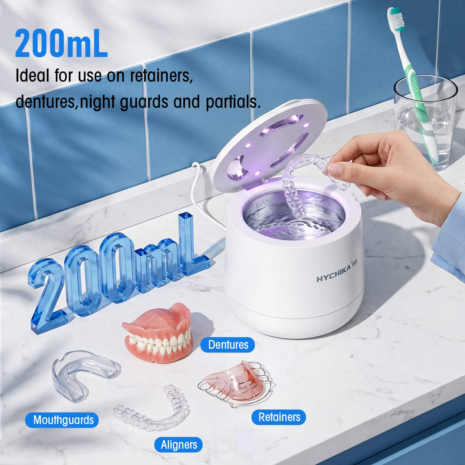 HYCHIKA Ultrasonic Retainer Cleaner Machine with UV, 4 Modes, 45kHz, for Retainers, Night Guards, Dentures, 200 mL, 1-Count