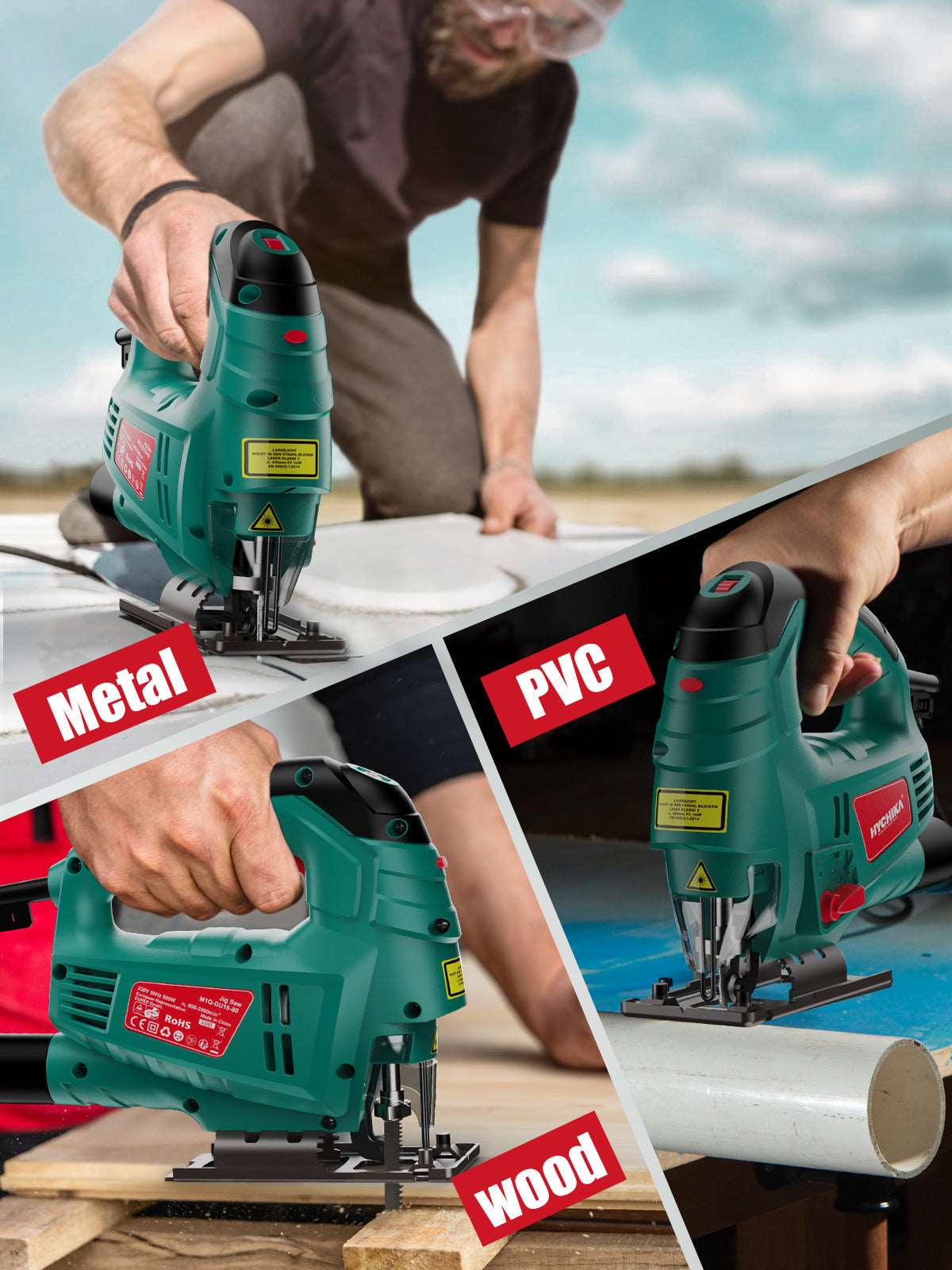 HYCHIKA Corded Electric Jigsaw 750W with Laser and 6 Blades, 800-3000SPM(UK/EU)