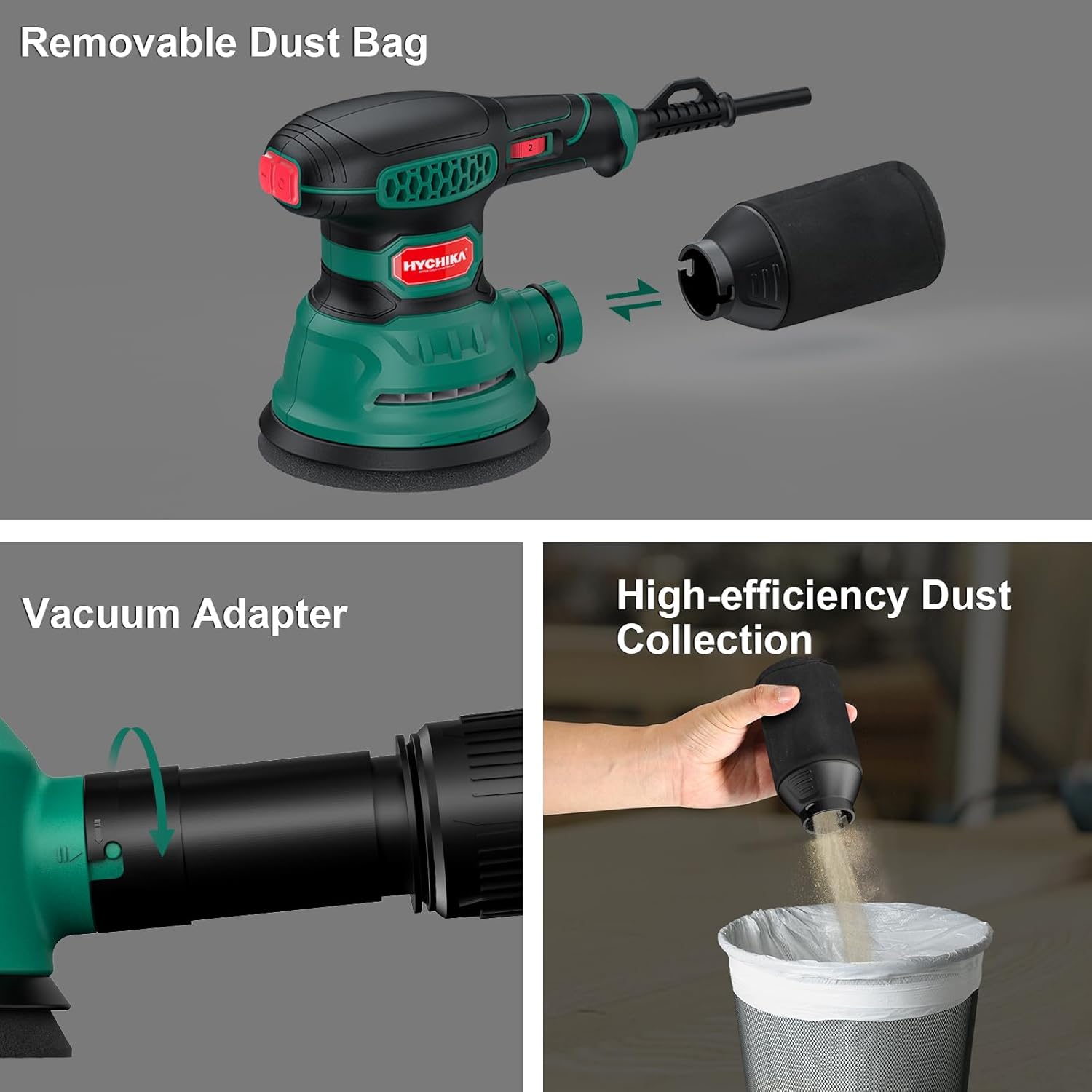 HYCHIKA Random Orbital Sander, 300W 12000OPM Orbital Sander, 6 Variable Speeds,16 Sanding Discs(125mm)