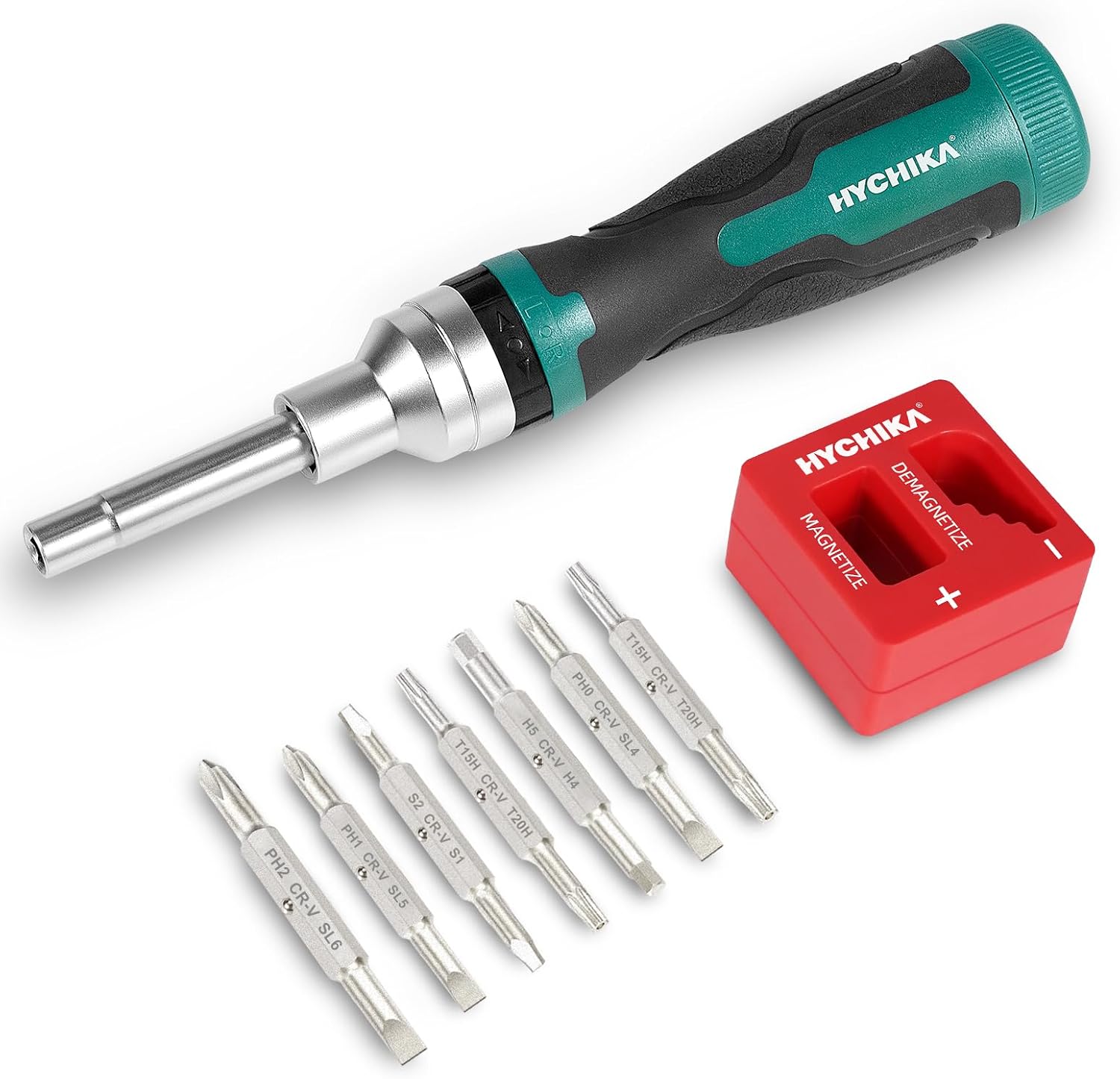 HYCHIKA 16 Piece in 1 Ratchet Screwdriver, Magnetic Ratchet Screwdriver Set All in One, Adjustable Screwdriver Set Multitool with Phillips, Slotted, Torx, Square, Hex bit and Double End Nut Driver