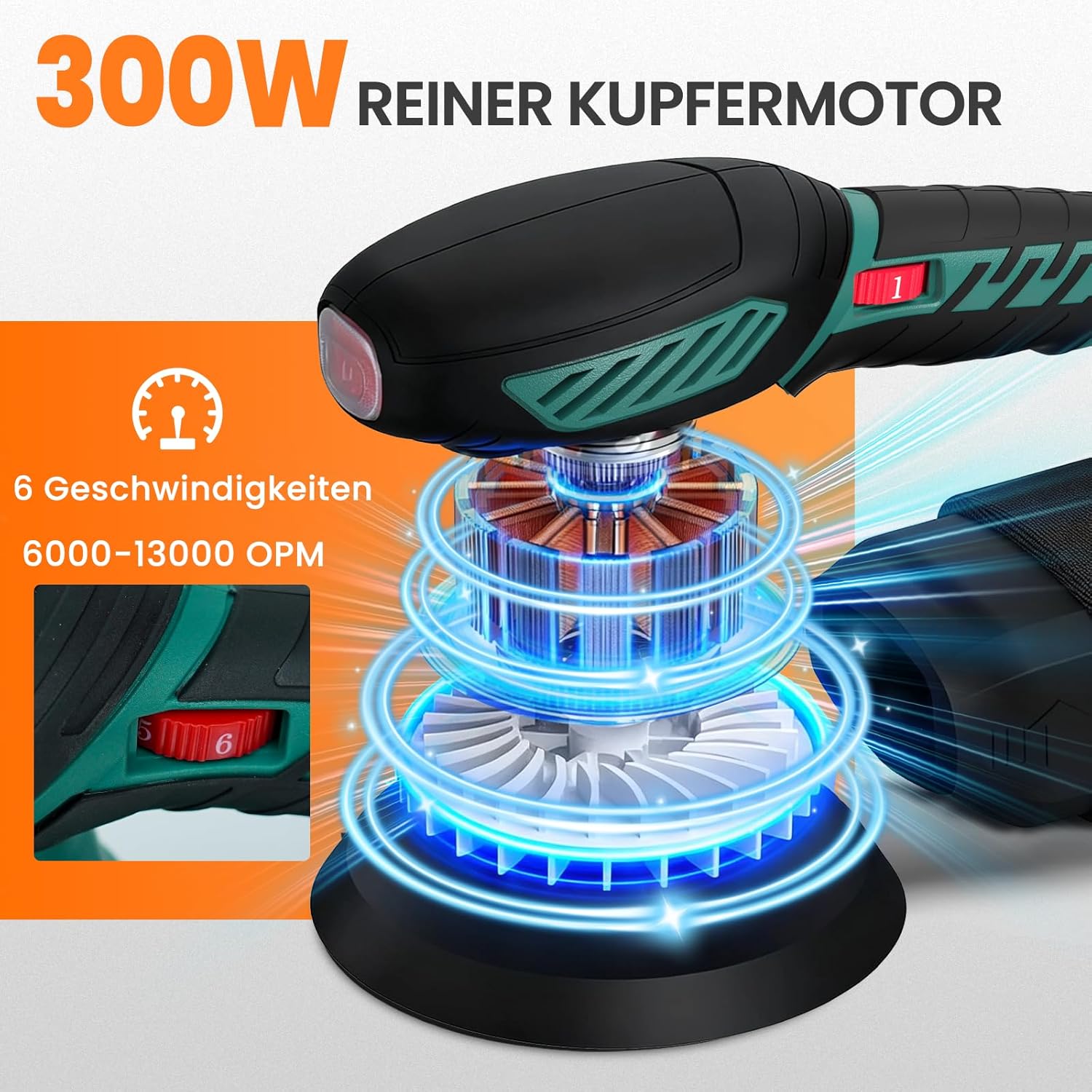 HYCHIKA Random Orbital Sander 125 mm, 300 W Disc Sander with 6 Speeds (6000-13000 OPM), Sanding Machine for Wood with 12 Sanding Discs, Low Noise and Low Vibration