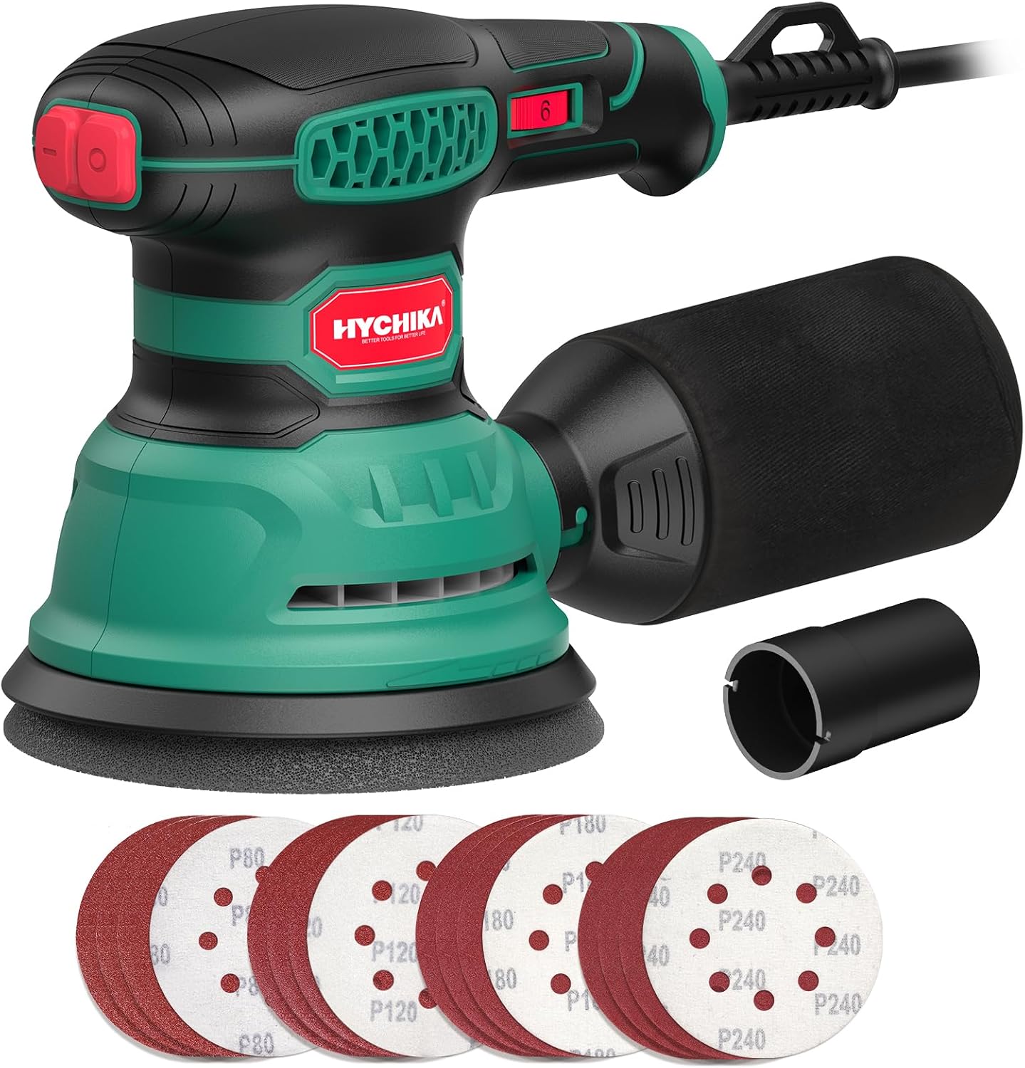 HYCHIKA Random Orbital Sander, 300W 12000OPM Orbital Sander, 6 Variable Speeds,16 Sanding Discs(125mm), with Dust Collection and Quick Braking Functionality, for Sanding and Polishing Wood