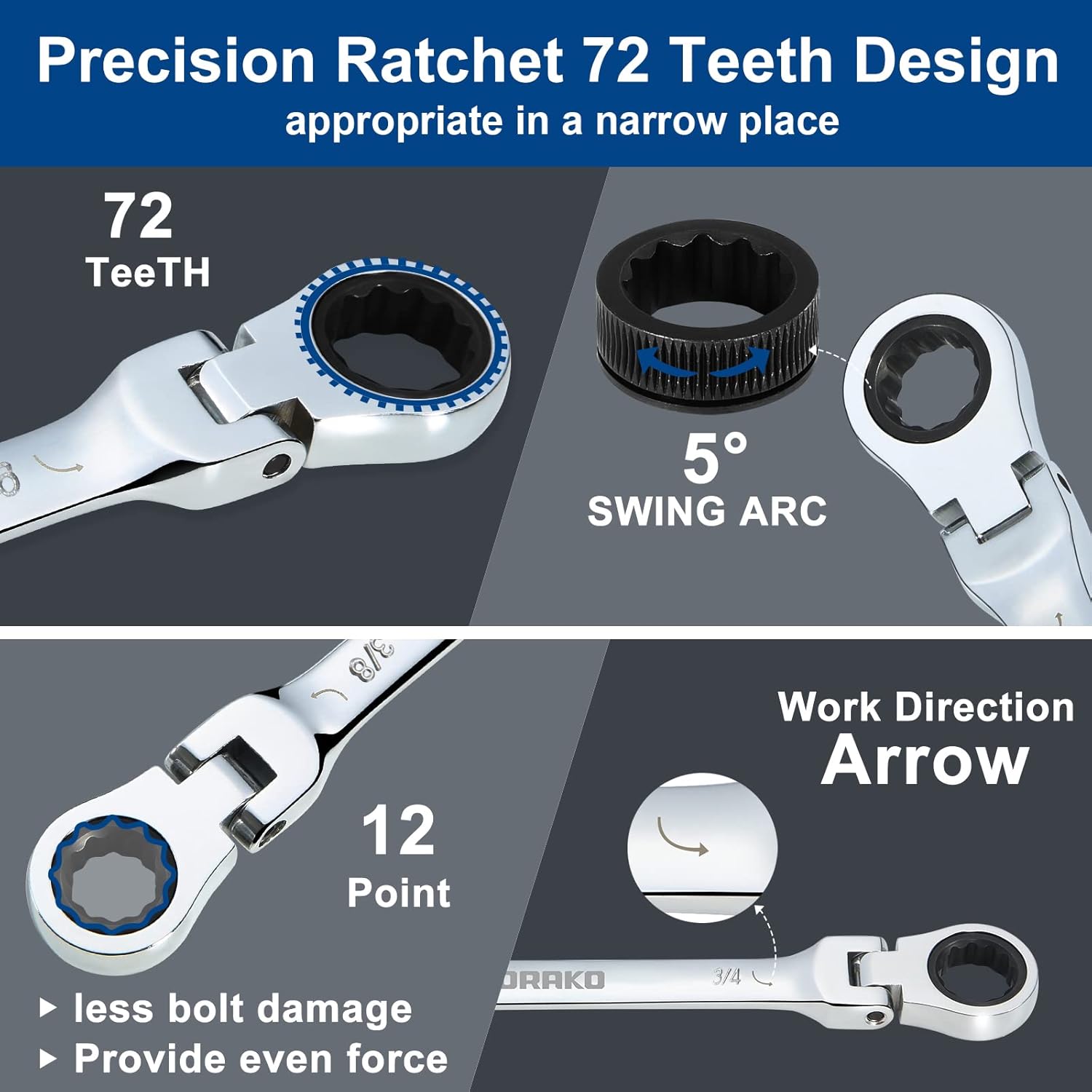 SORAKO Ratchet Spanner Set 12pcs, Flexible Combination Wrench 8-19 mm, Flex-Head Spanner Sets Combination Spanner in Roll Bag for Car Repairing, Industrial Maintenance, SRW12H2, Chrome