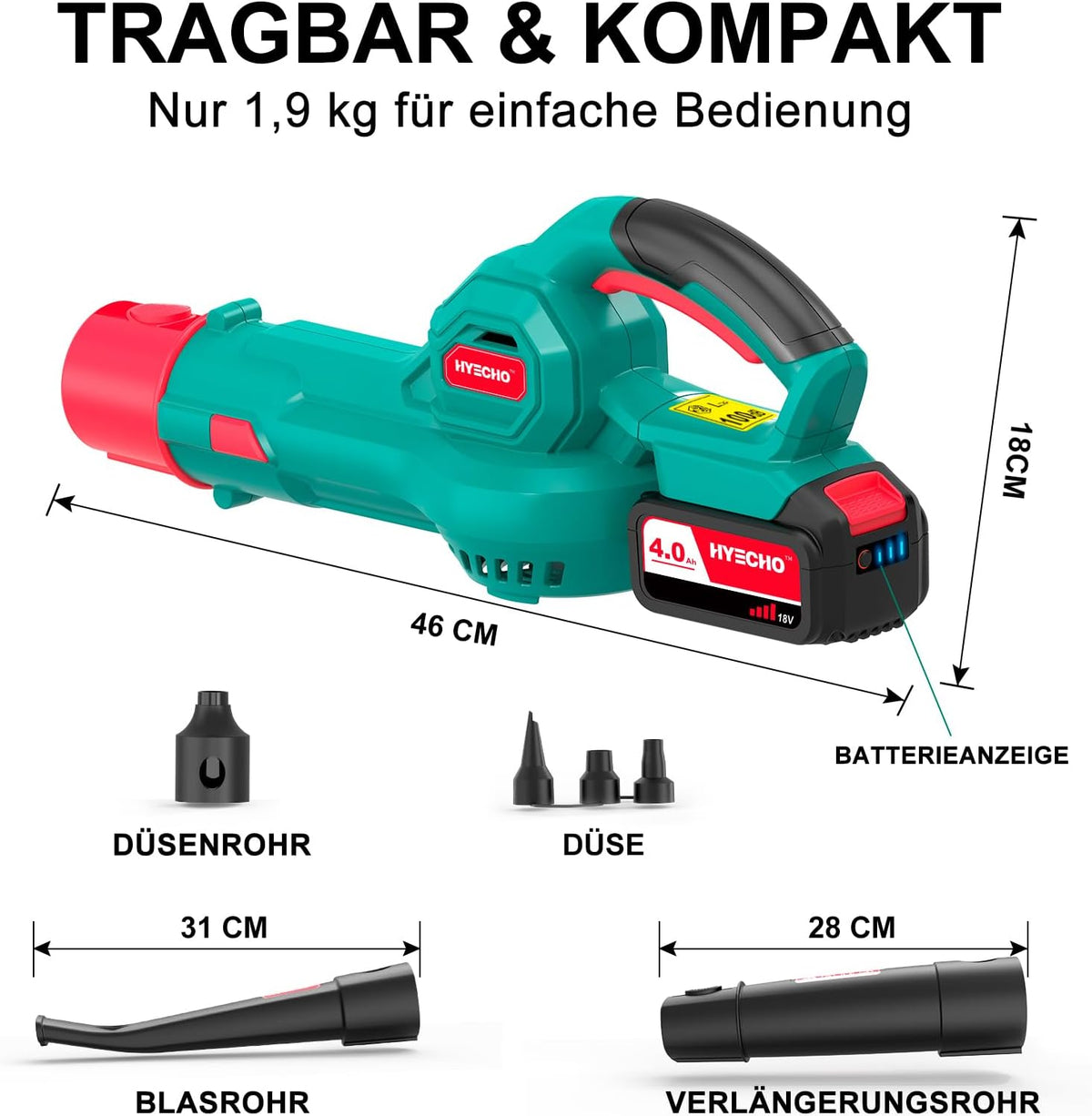 18V Cordless Leaf Blower, 223 km/h Air Speed, 4.0Ah Battery, 3 Inflation Nozzles, Ergonomic & Lightweight (1.93 kg), for Clearing Leaves & Dust in the Garden and Yard
