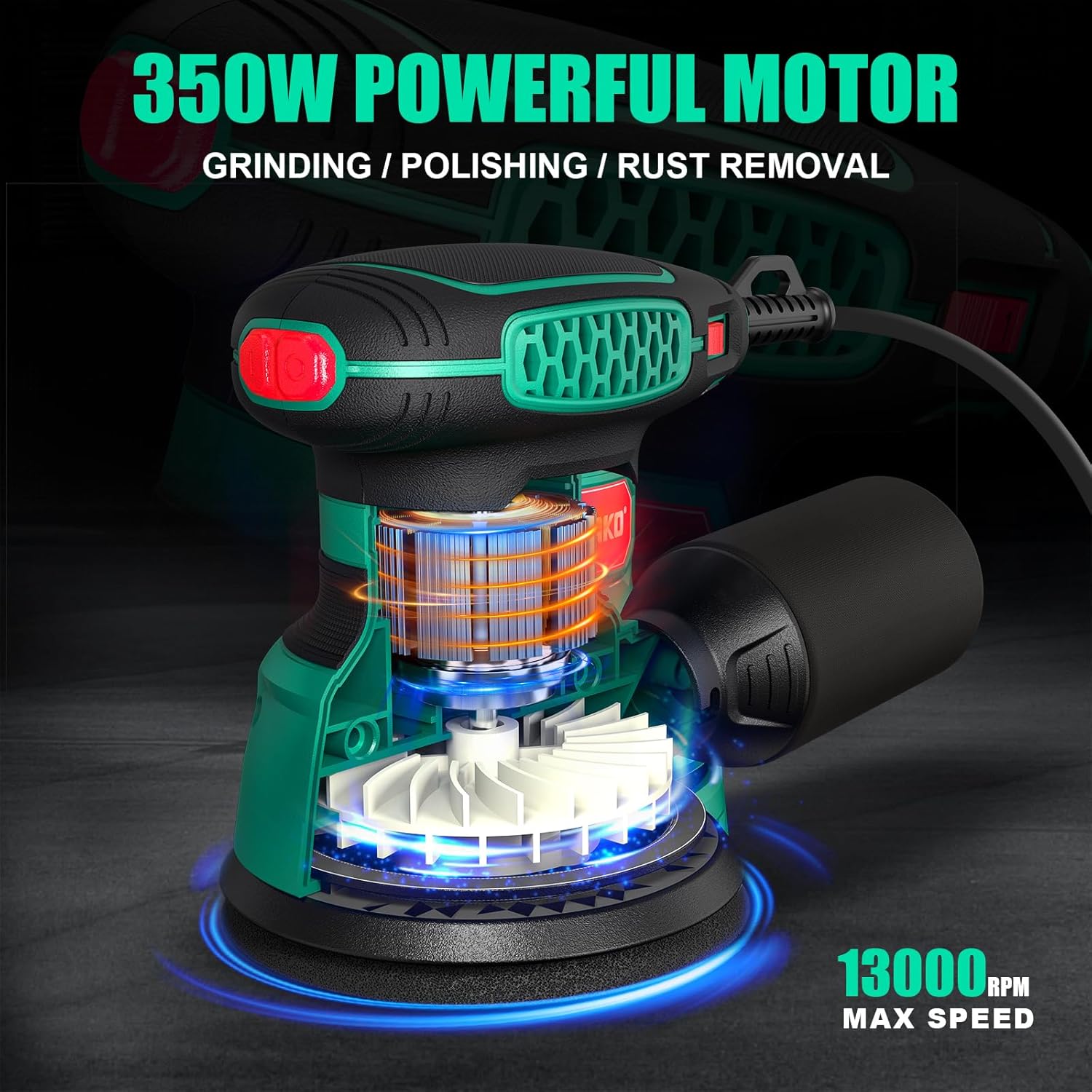 Sorako Orbital Sander 350W, 125MM Random Orbital Sander, 6 Adjustable Speeds, 16pcs Sandpaper, with Dust Collection and Quick Brake Function, for Sanding, Polishing Wood, DIY, Home Improvement