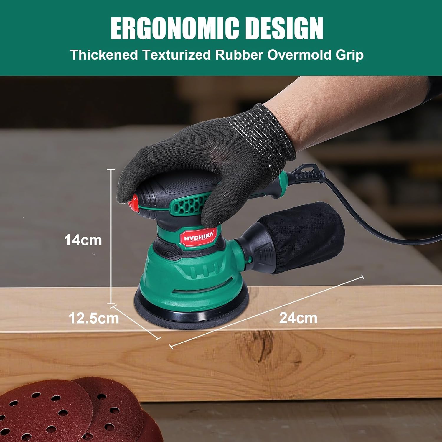 HYCHIKA Random Orbital Sander, 300W 12000OPM Orbital Sander, 6 Variable Speeds,16 Sanding Discs(125mm)
