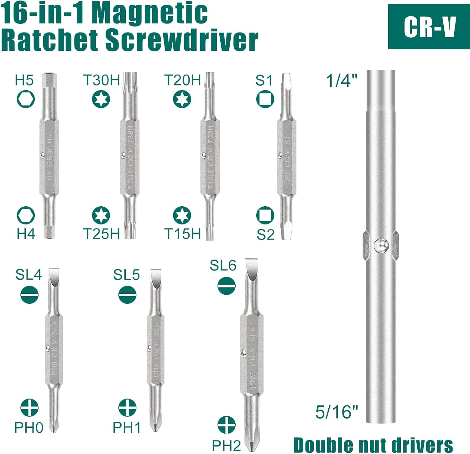 HYCHIKA 16 Piece in 1 Ratchet Screwdriver, Magnetic Ratchet Screwdriver Set All in One, Adjustable Screwdriver Set Multitool with Phillips, Slotted, Torx, Square, Hex bit and Double End Nut Driver