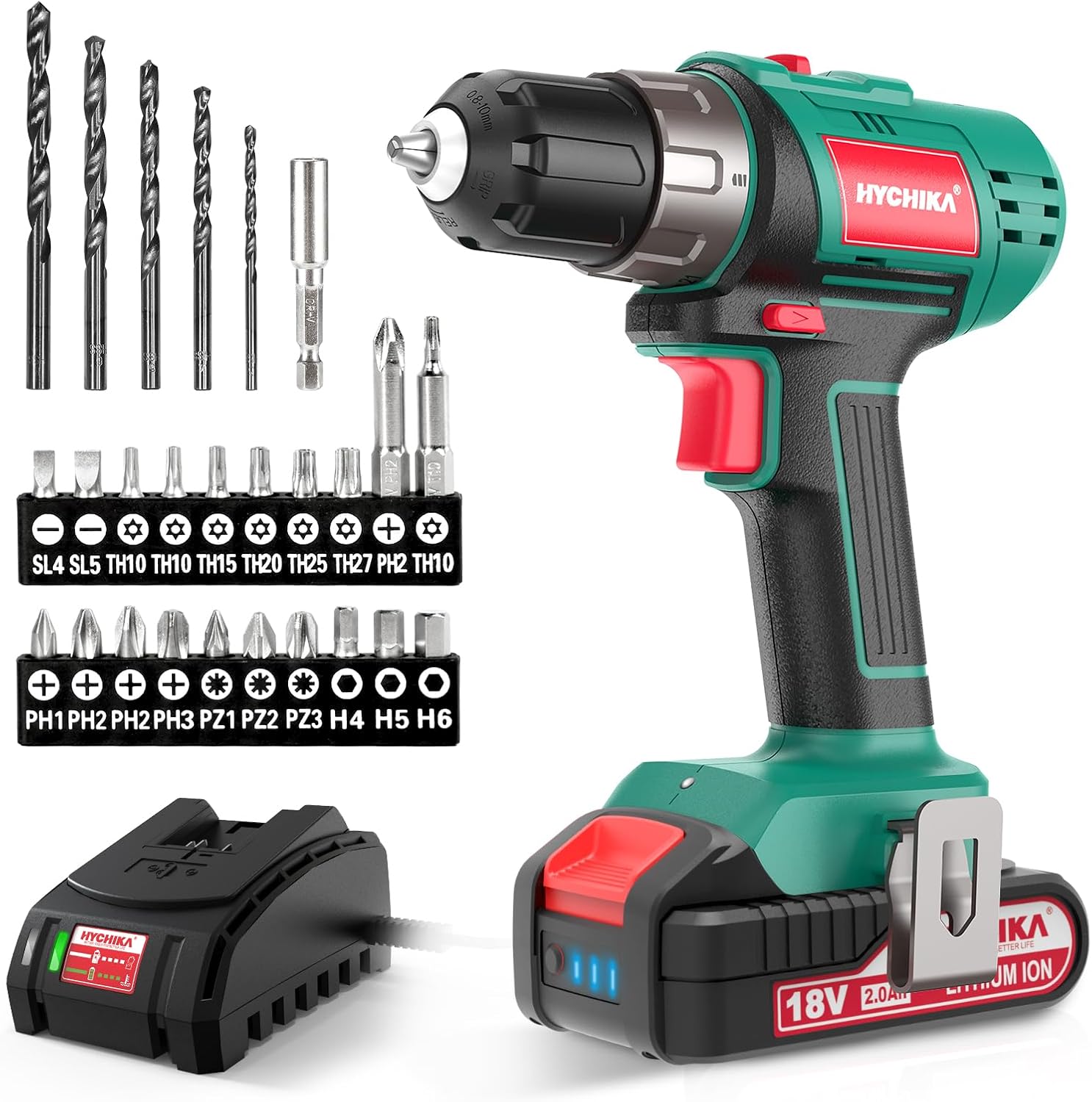 Cordless Drill Driver 18V，2.0Ah Battery, 26Pcs Combi Drill Accessories, 35Nm Max