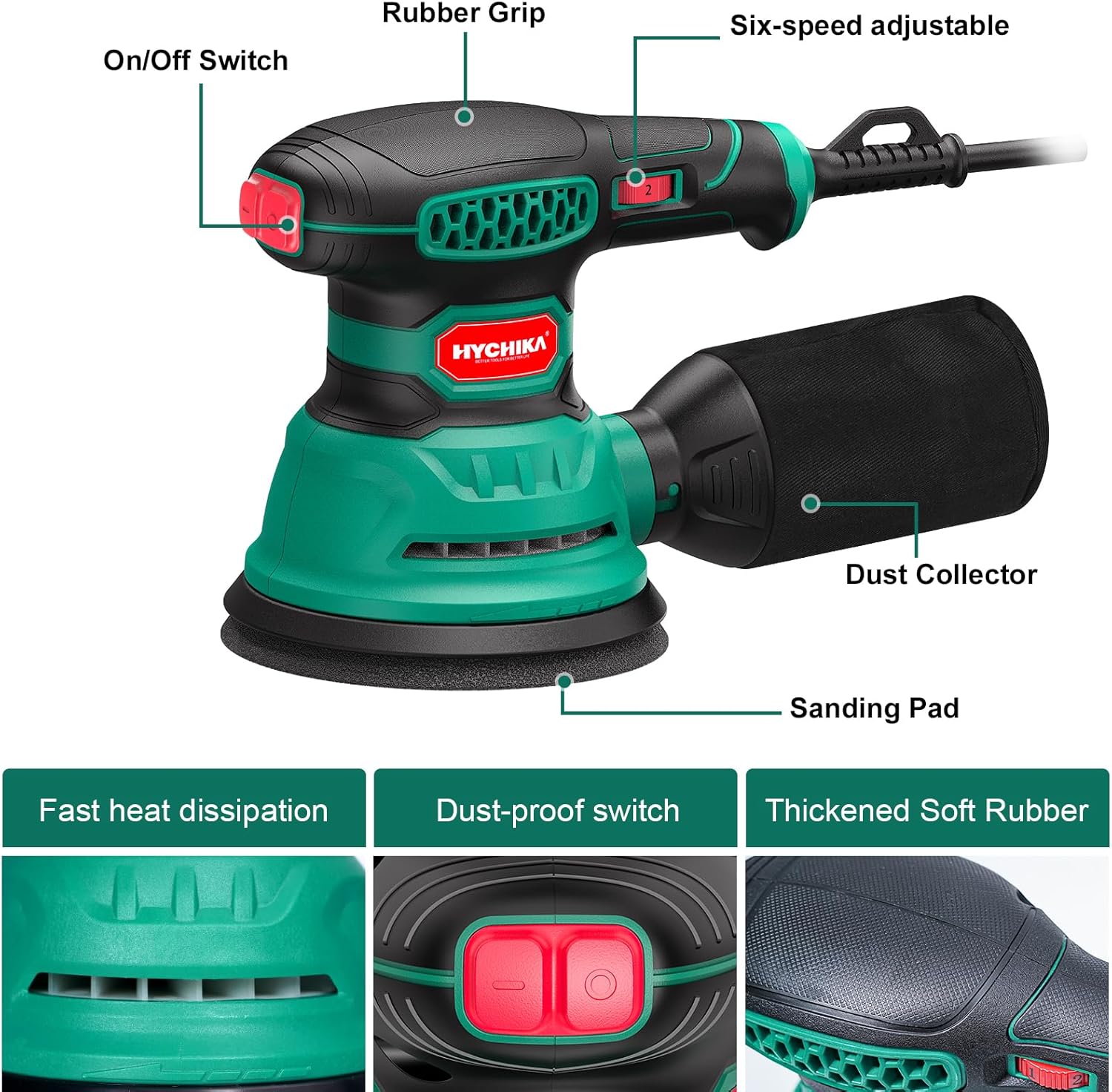 HYCHIKA Random Orbital Sander, 300W 12000OPM Orbital Sander, 6 Variable Speeds,16 Sanding Discs(125mm)