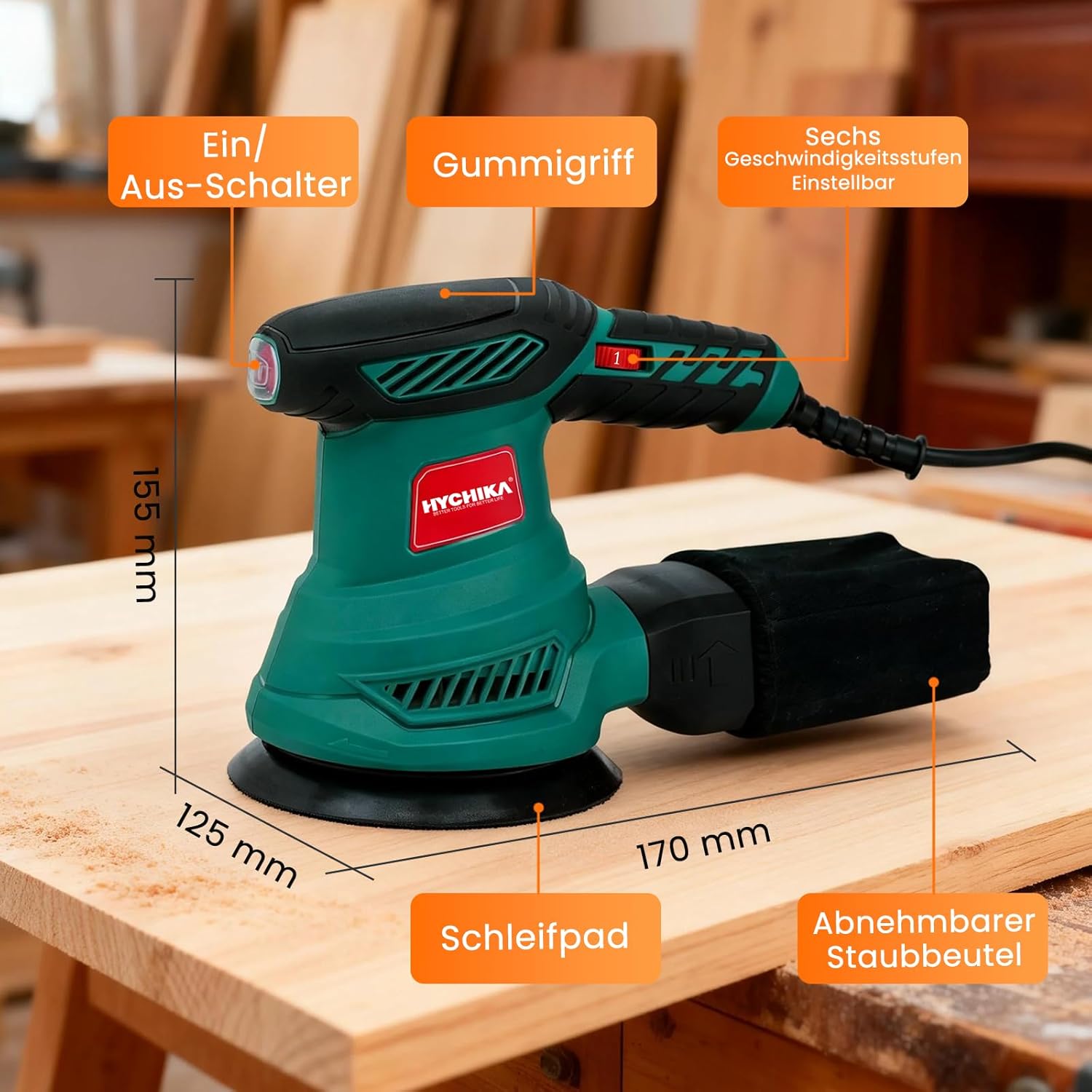 HYCHIKA Random Orbital Sander 125 mm, 300 W Disc Sander with 6 Speeds (6000-13000 OPM), Sanding Machine for Wood with 12 Sanding Discs, Low Noise and Low Vibration