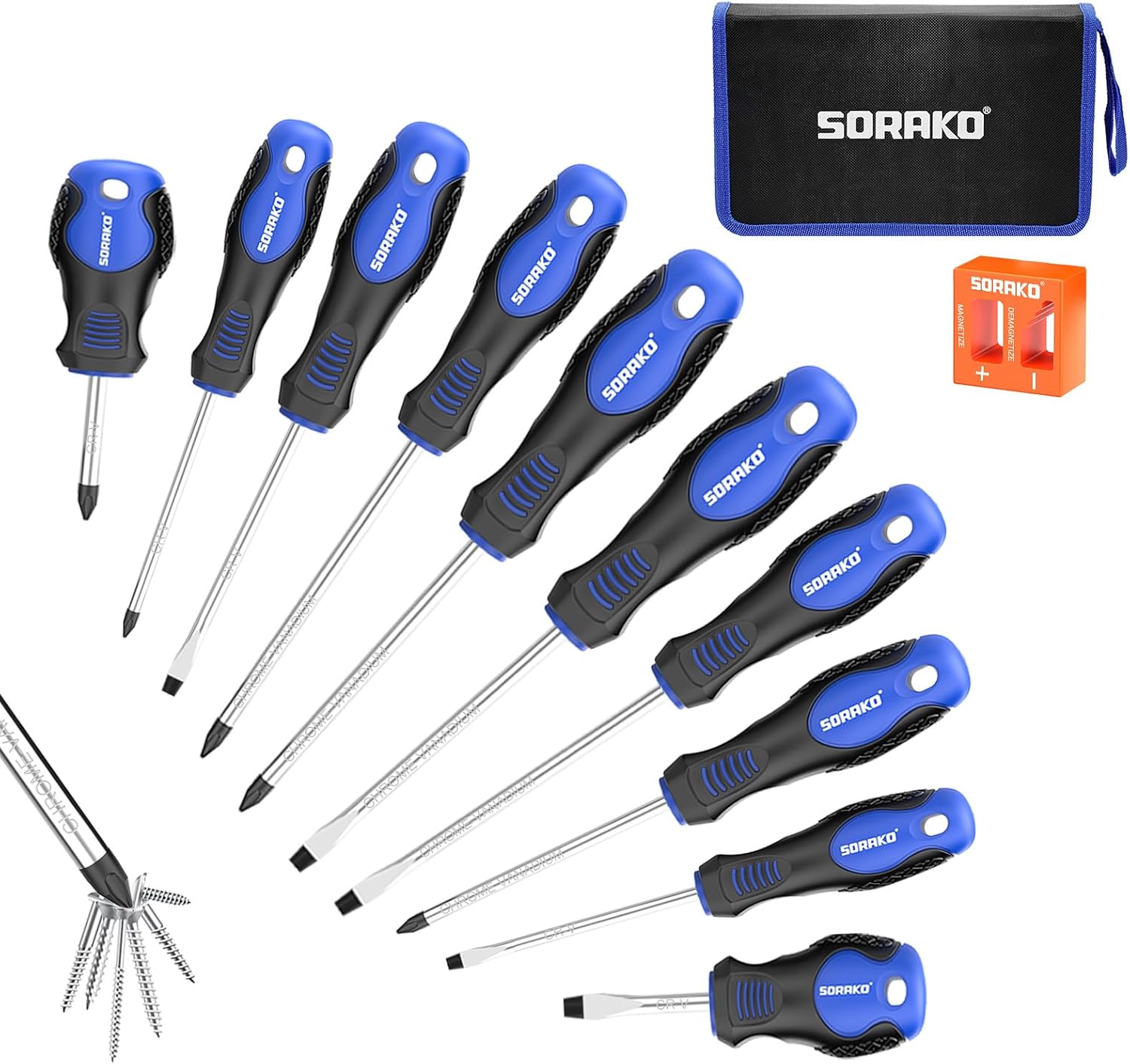 SORAKO 11 PCS Magnetic Screwdriver Set,5 Phillips Screwdrivers and 5 Flat Head Screwdrivers,Made of Heavy-Duty Chrome Vanadium Steel with 2-in-1 Magnetizer,Professional Non-Slip Handle